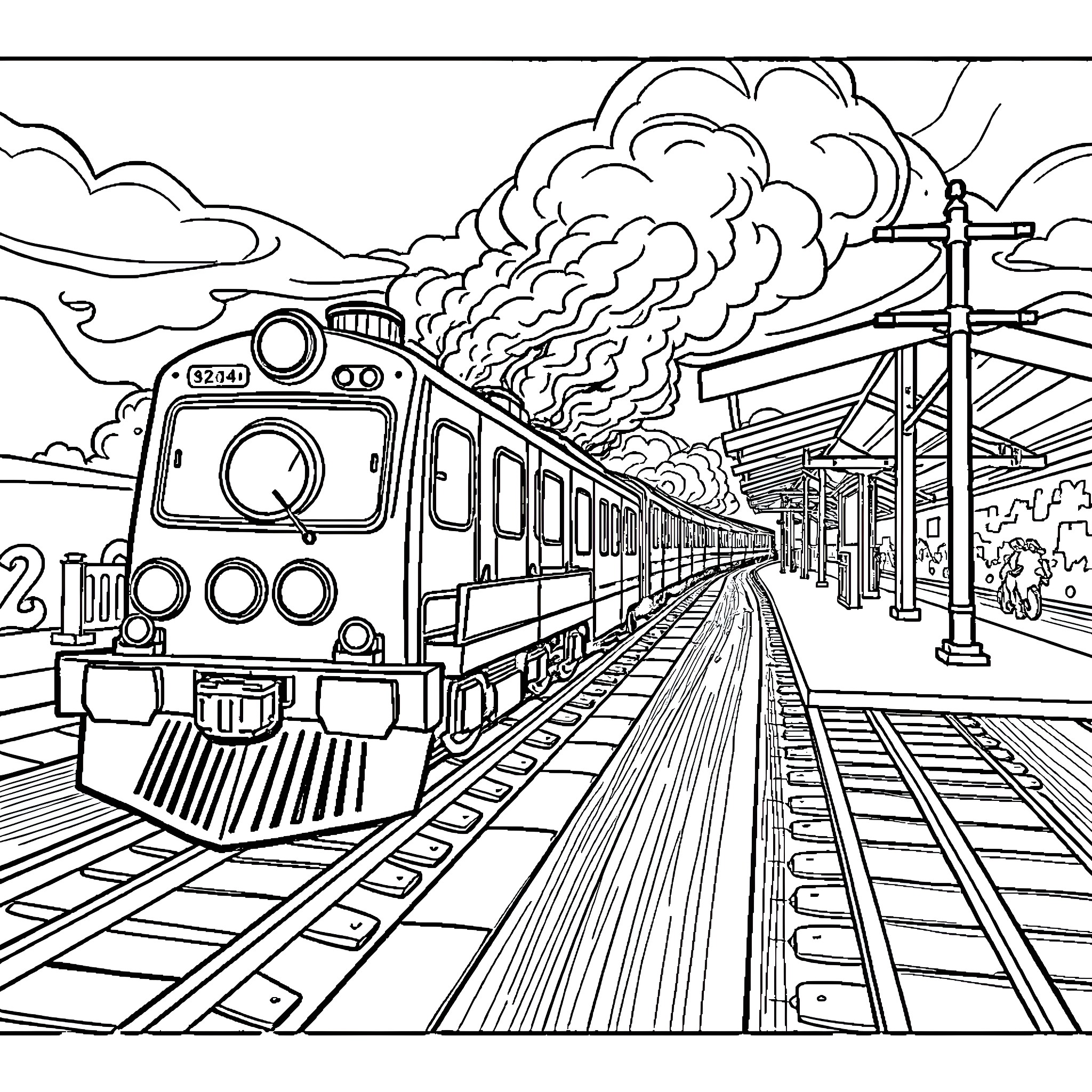 Train racing through a bustling railway station Coloring Page (free black-and-white line drawing printable PDF for all, from beginners to advanced learners, including children, teens, adults, and seniors)