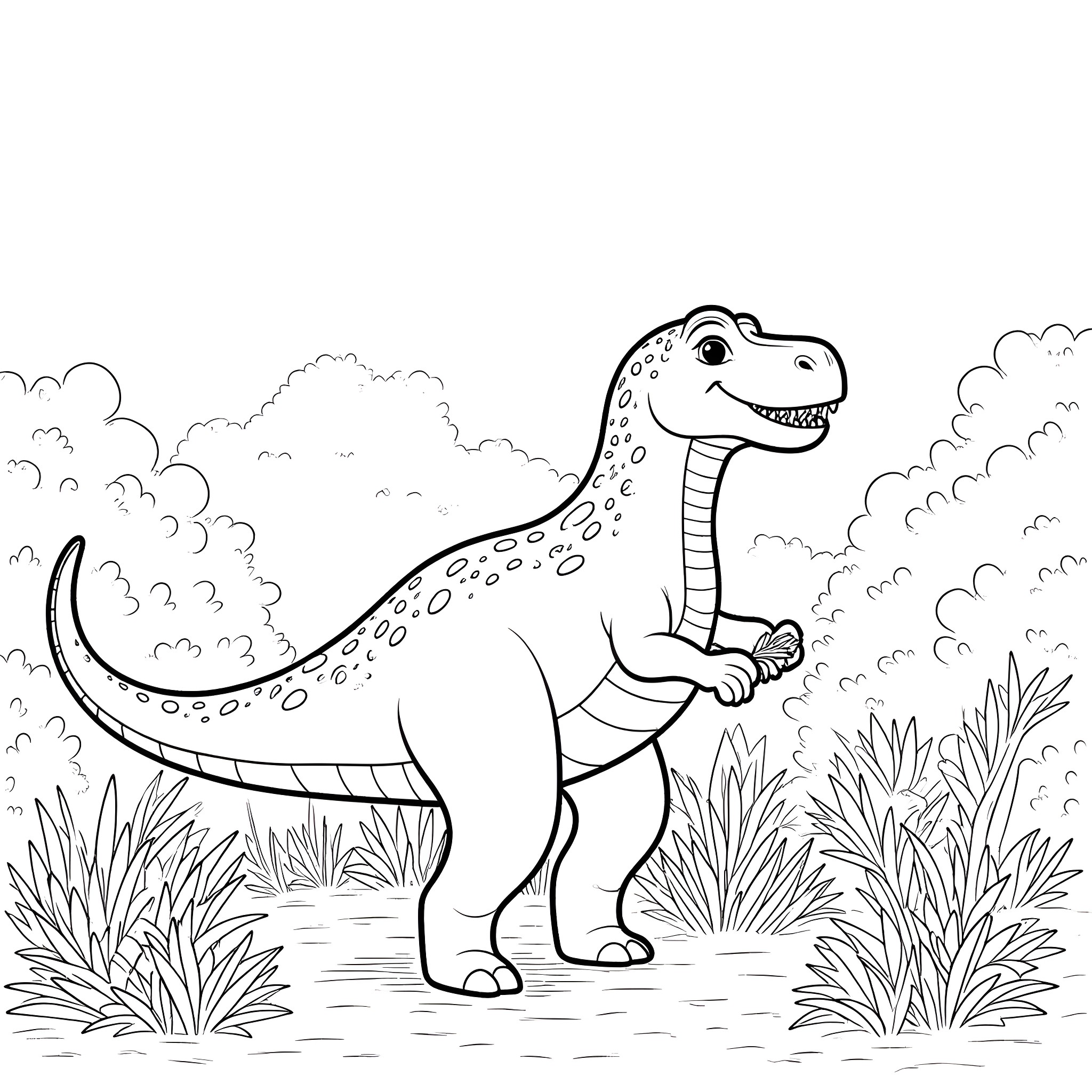 Dinosaur in a Prehistoric Landscape Coloring Page (free black-and-white line drawing printable PDF for all, from beginners to advanced learners, including children, teens, adults, and seniors)