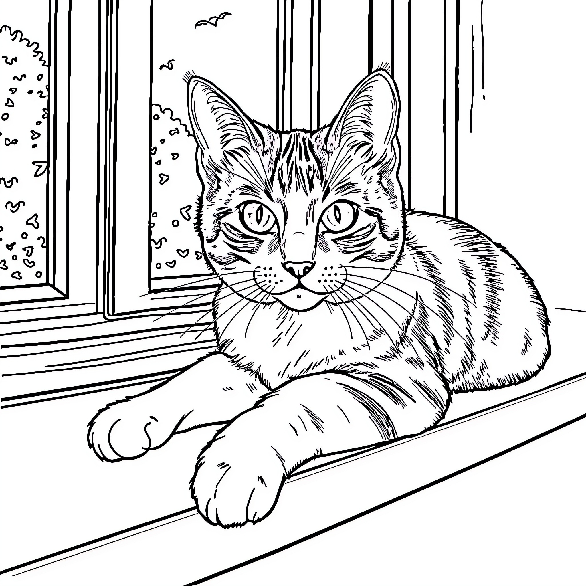Calico Cat Relaxing in the Windowsill Coloring Page (free black-and-white line drawing printable PDF for all, from beginners to advanced learners, including children, teens, adults, and seniors)