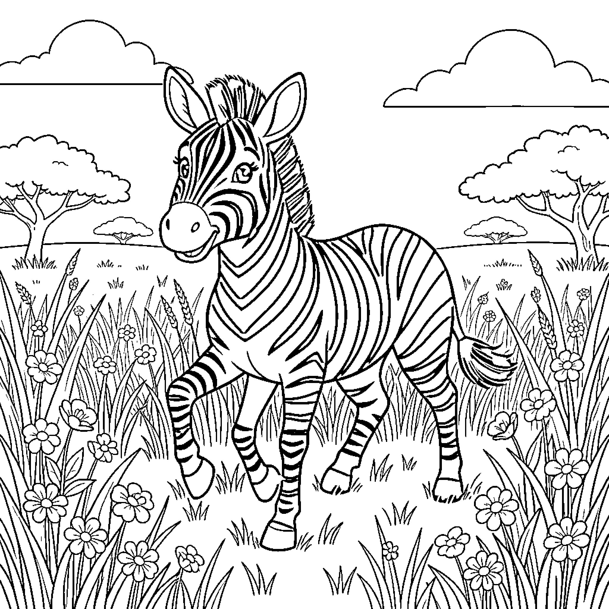 Zebra enjoying the serene African landscape Coloring Page (free black-and-white line drawing printable PDF for all, from beginners to advanced learners, including children, teens, adults, and seniors)