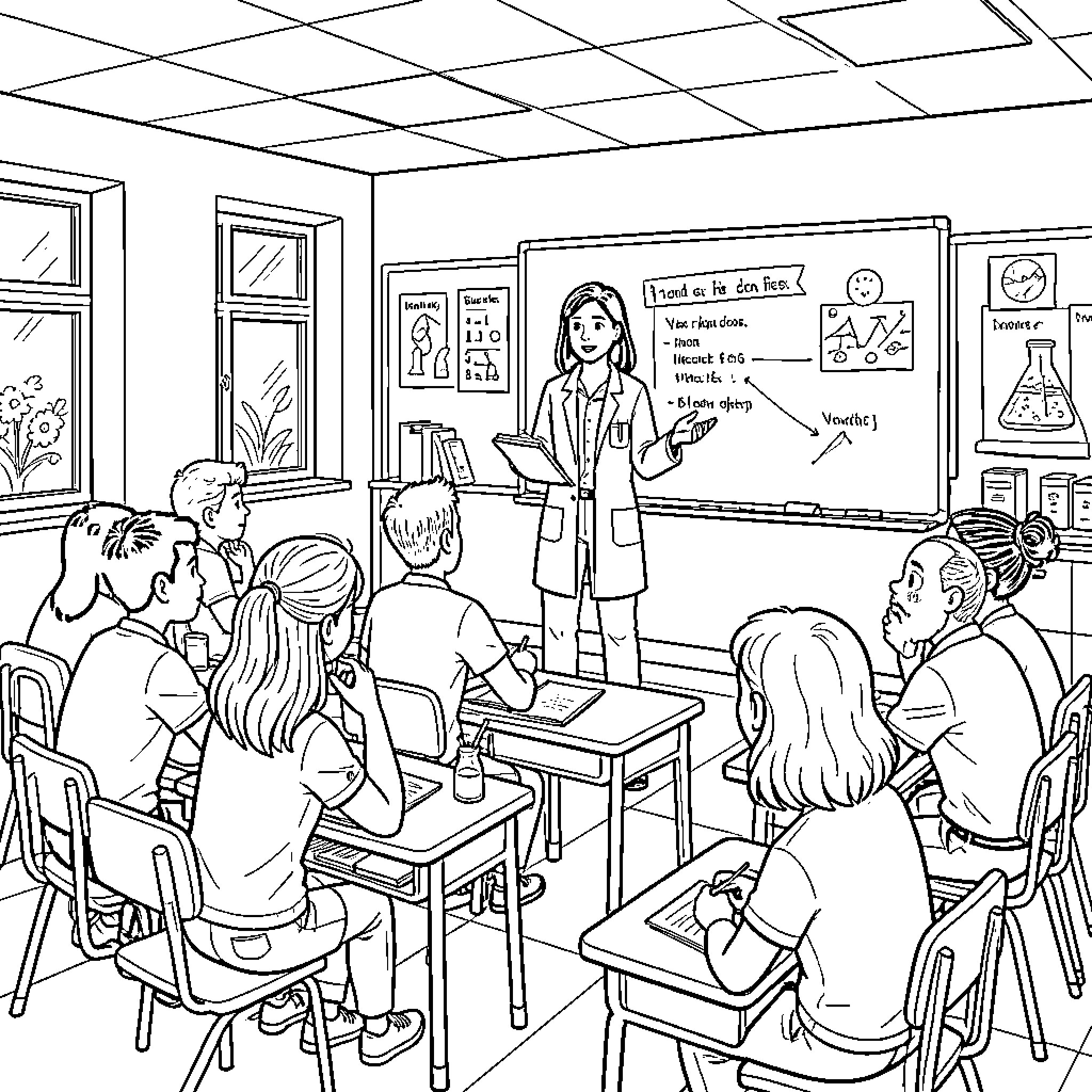 Teacher explaining a lesson to students in a classroom Coloring Page (free black-and-white line drawing printable PDF for all, from beginners to advanced learners, including children, teens, adults, and seniors)
