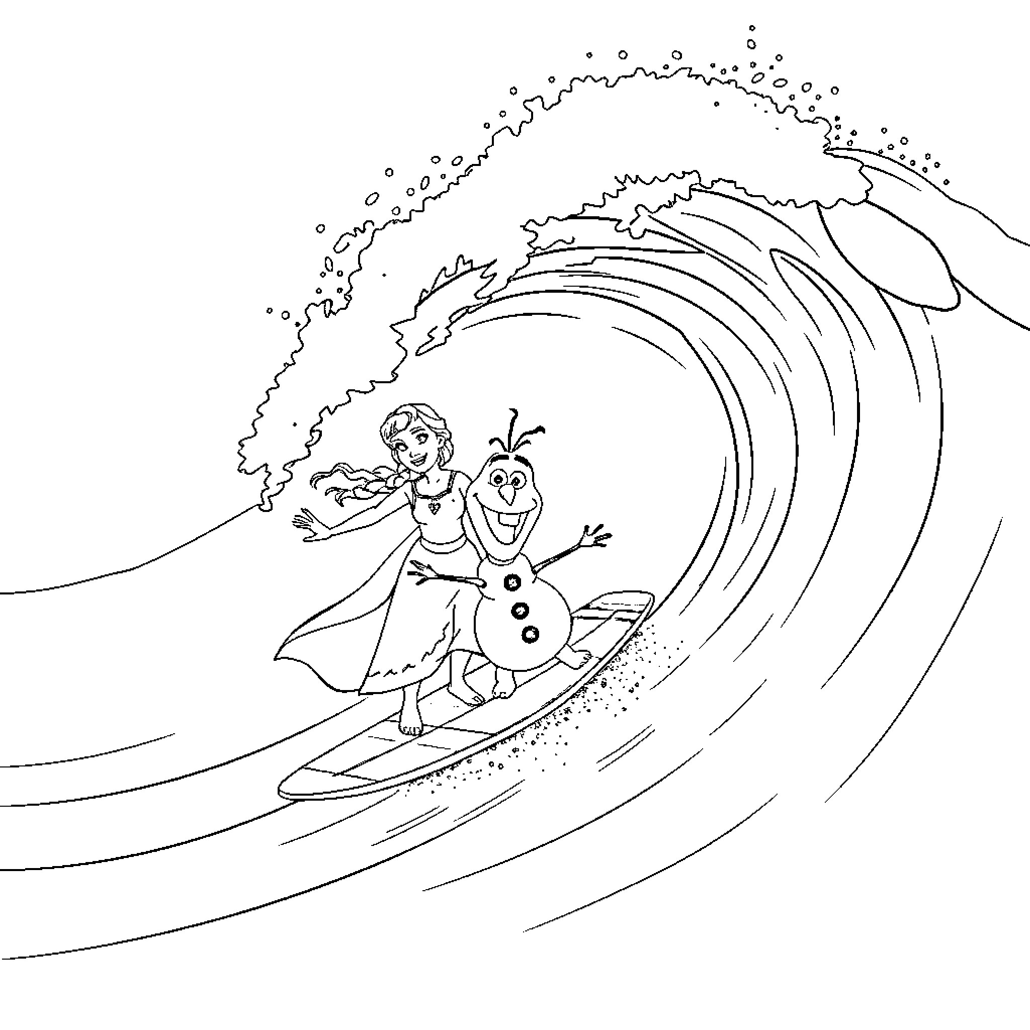 Olaf surfing playfully on a wave Coloring Page (free black-and-white line drawing printable PDF for all, from beginners to advanced learners, including children, teens, adults, and seniors)