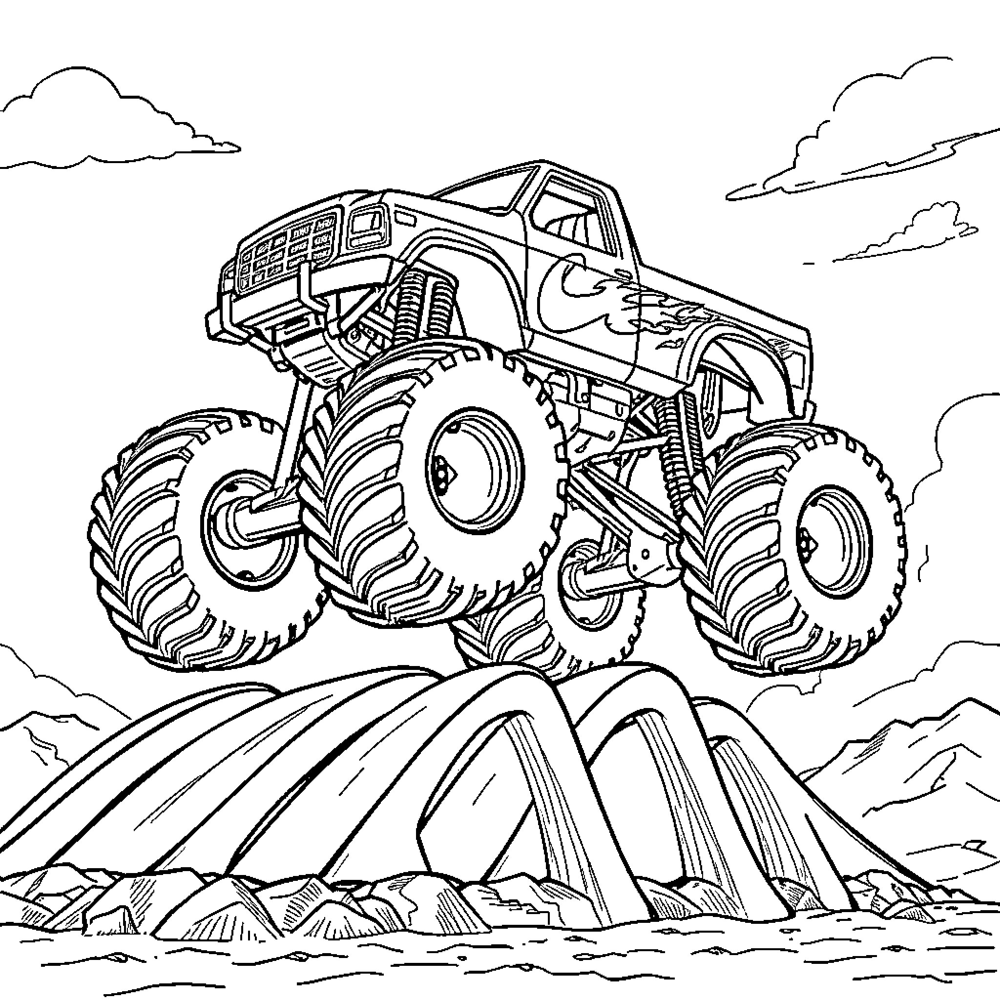 Monster Truck Crushing Rocks in Rugged Terrain Coloring Page (free black-and-white line drawing printable PDF for all, from beginners to advanced learners, including children, teens, adults, and seniors)