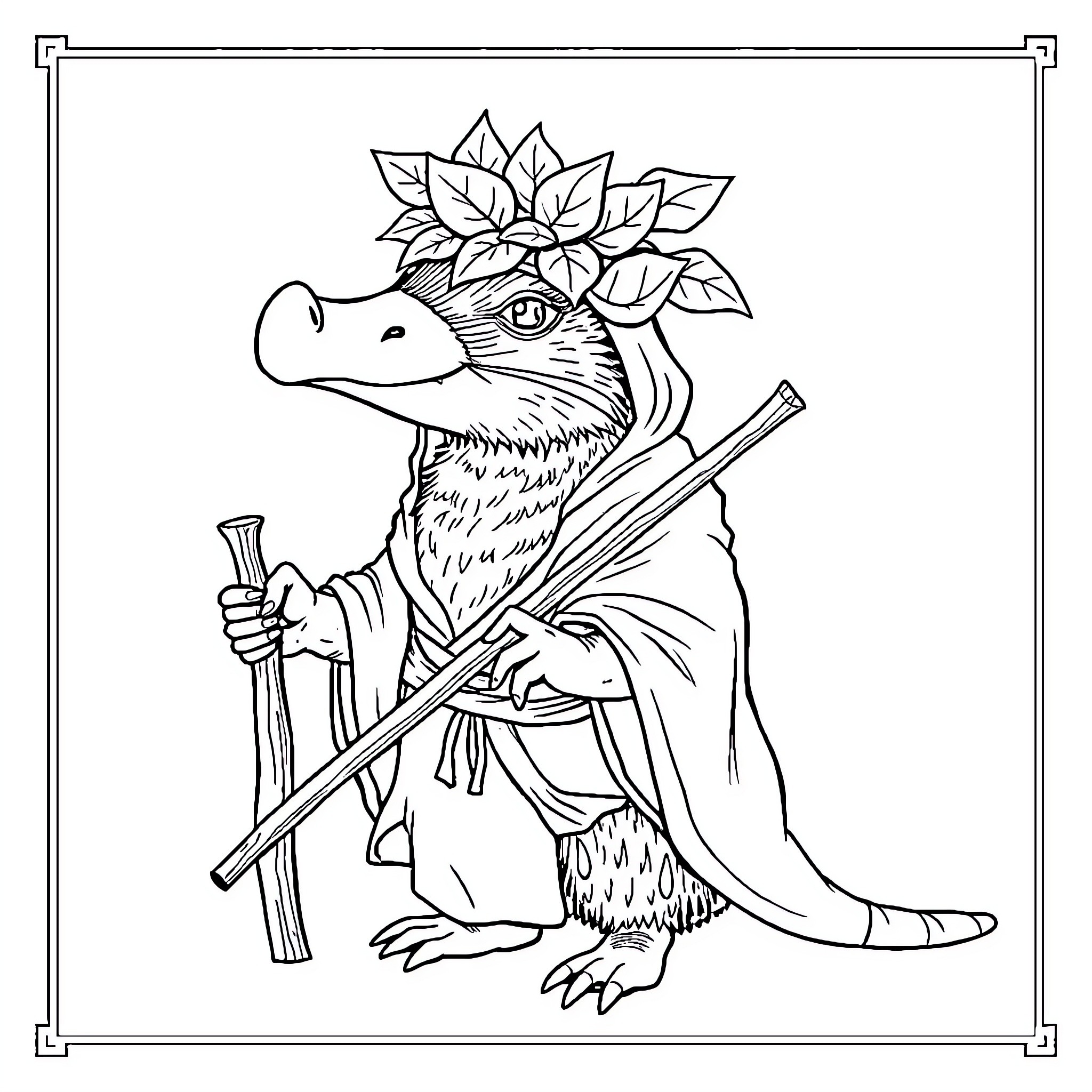 Platypus wearing floral crown and carrying staff Coloring Page (free black-and-white line drawing printable PDF for all, from beginners to advanced learners, including children, teens, adults, and seniors)