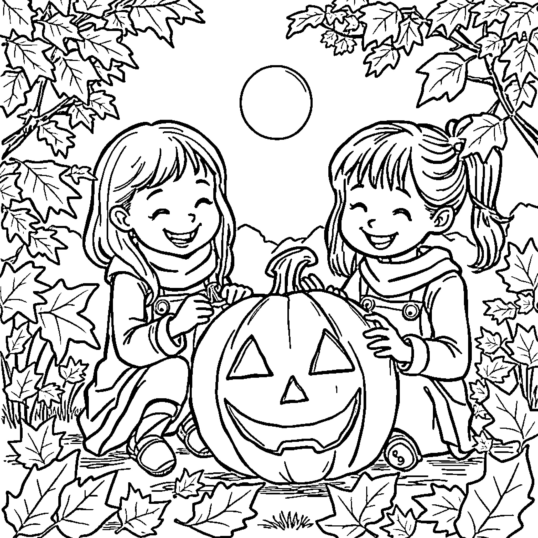 Girl Trick-or-Treating with Friends and Pumpkin Coloring Page (free black-and-white line drawing printable PDF for all, from beginners to advanced learners, including children, teens, adults, and seniors)