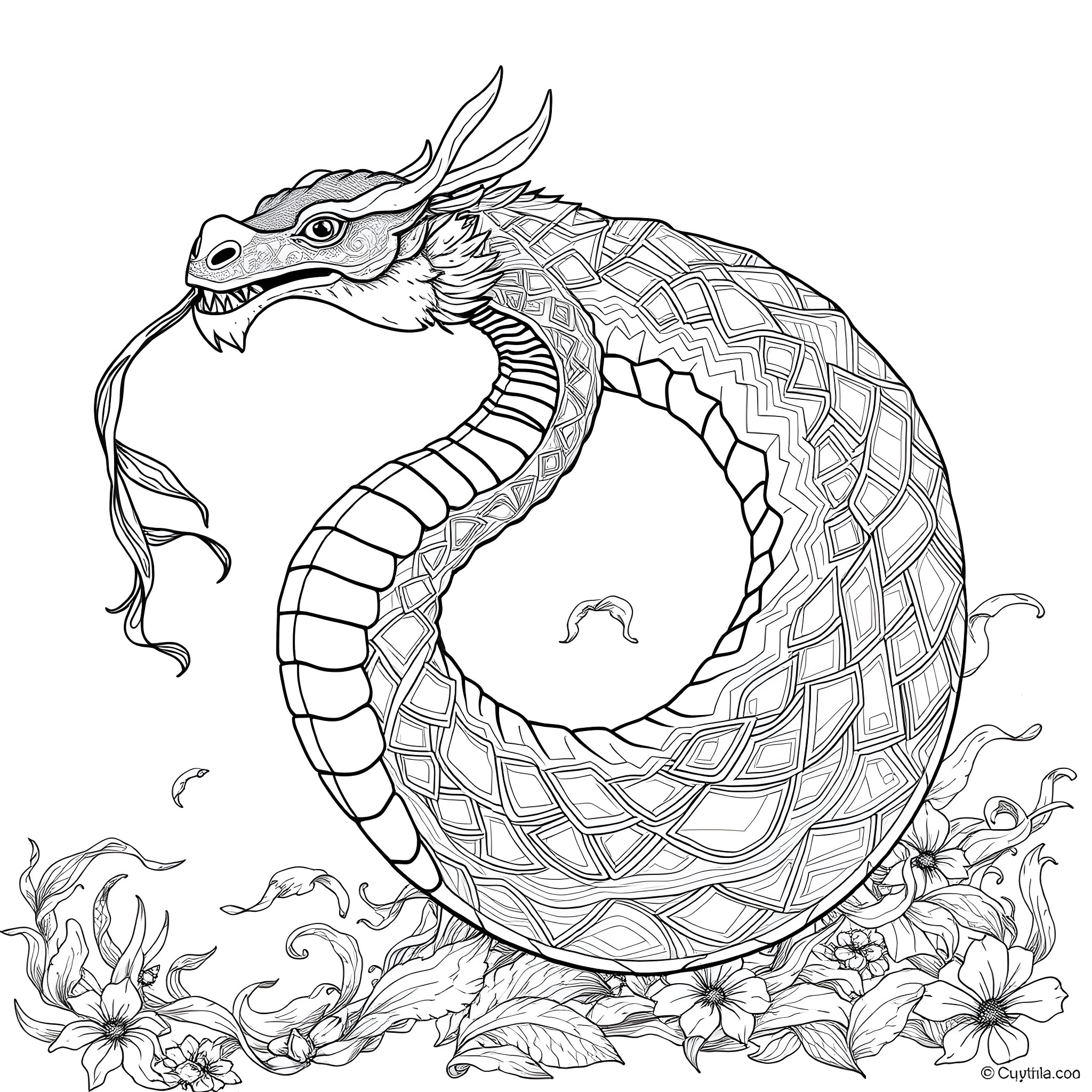 Uktena dragon coiled in a floral wonderland Coloring Page (free black-and-white line drawing printable PDF for all, from beginners to advanced learners, including children, teens, adults, and seniors)
