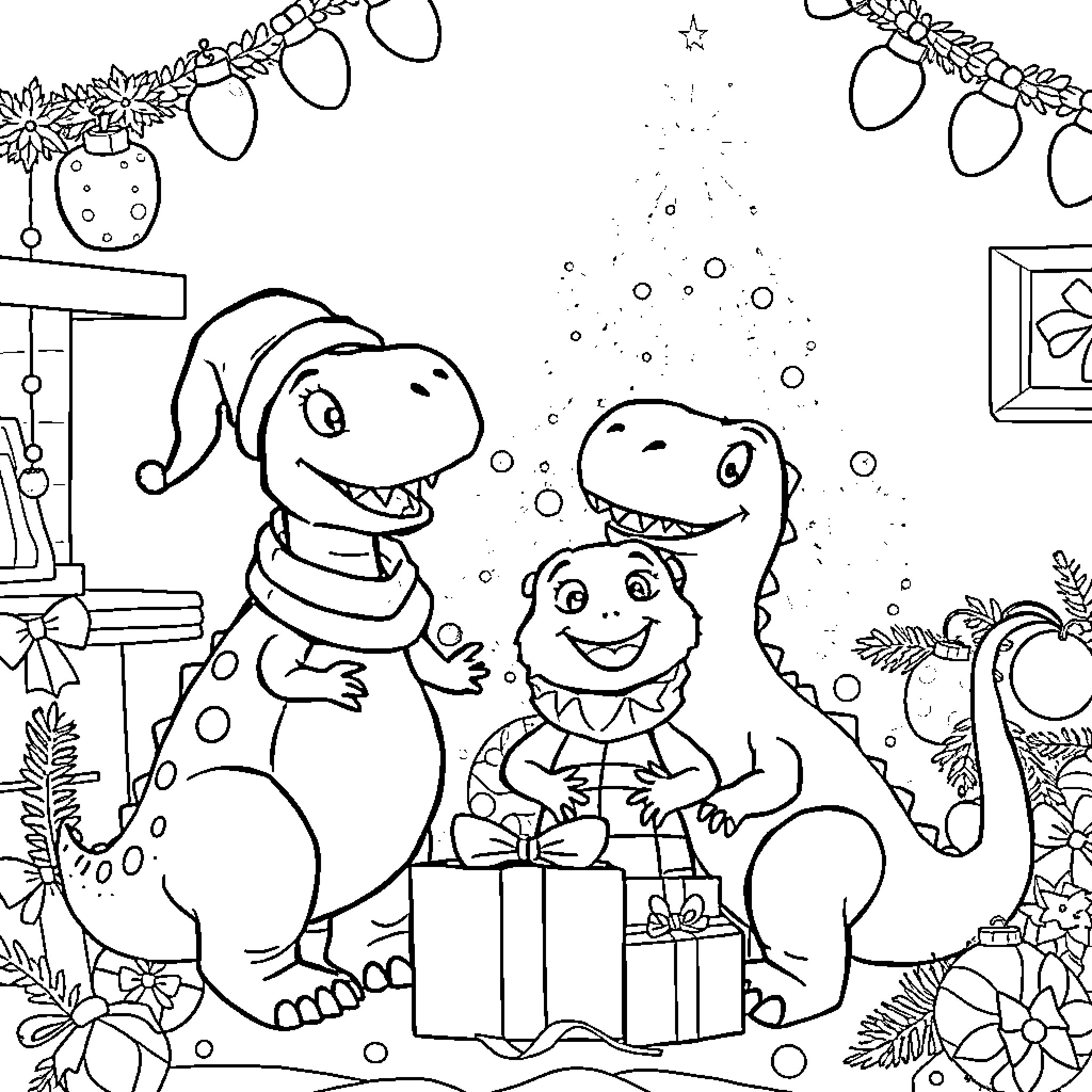 Dinosaur family celebrates Christmas together Coloring Page (free black-and-white line drawing printable PDF for all, from beginners to advanced learners, including children, teens, adults, and seniors)