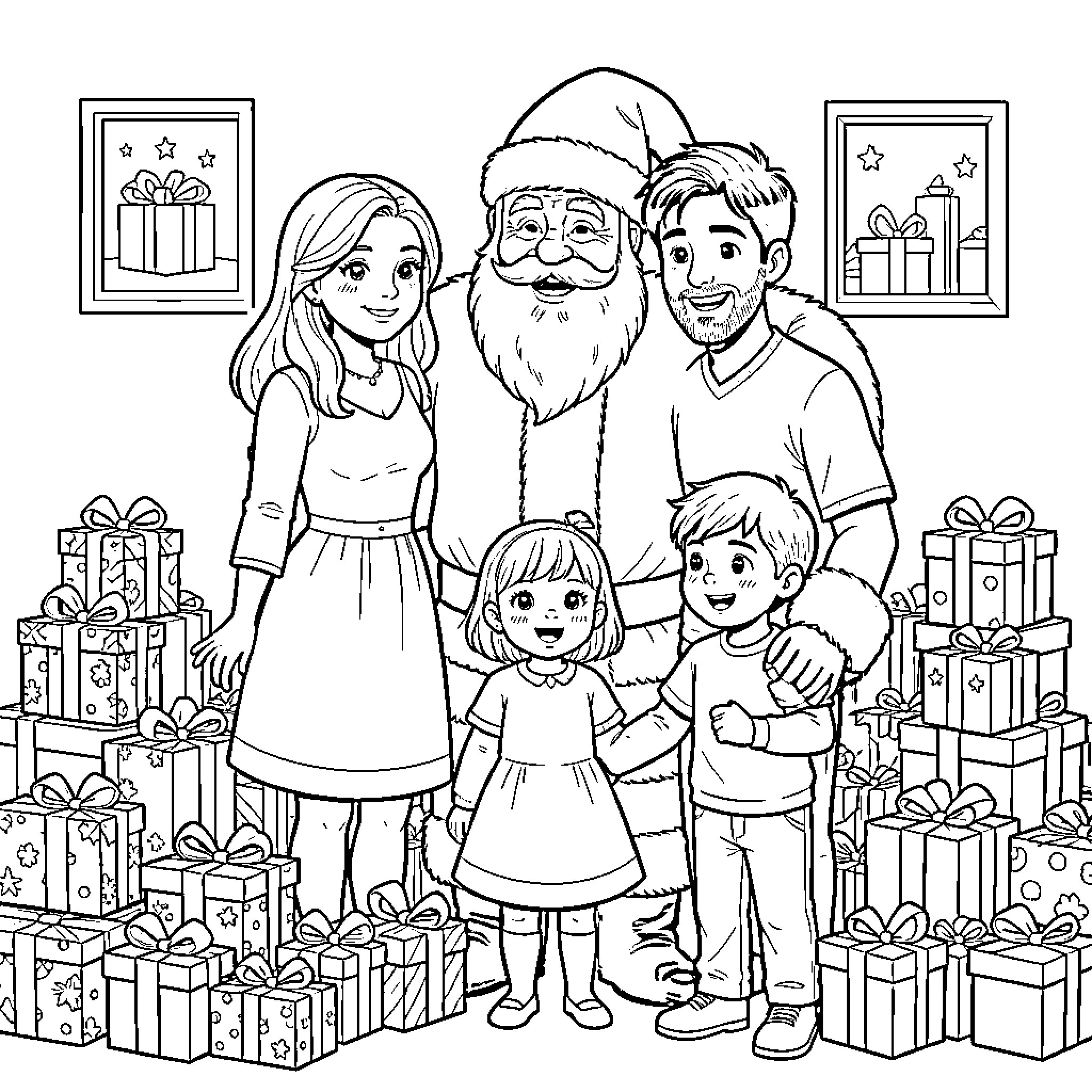 Father Christmas posing with a happy family and gifts Coloring Page (free black-and-white line drawing printable PDF for all, from beginners to advanced learners, including children, teens, adults, and seniors)