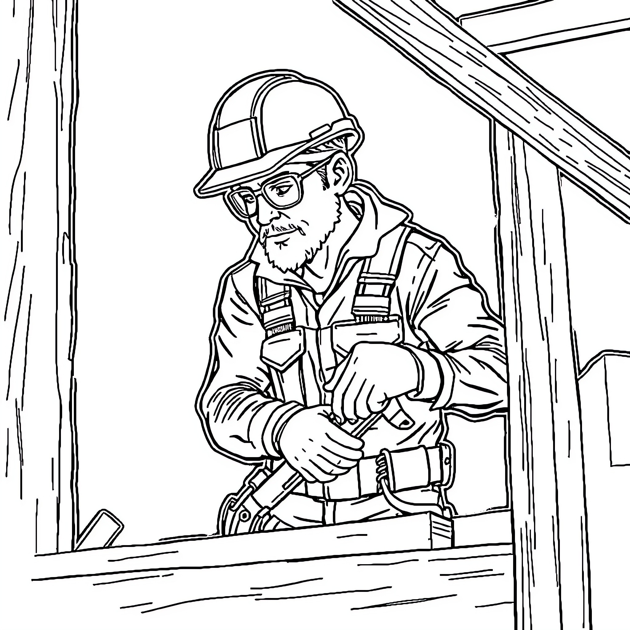 Worker operating heavy machinery in a construction site Coloring Page (free black-and-white line drawing printable PDF for all, from beginners to advanced learners, including children, teens, adults, and seniors)