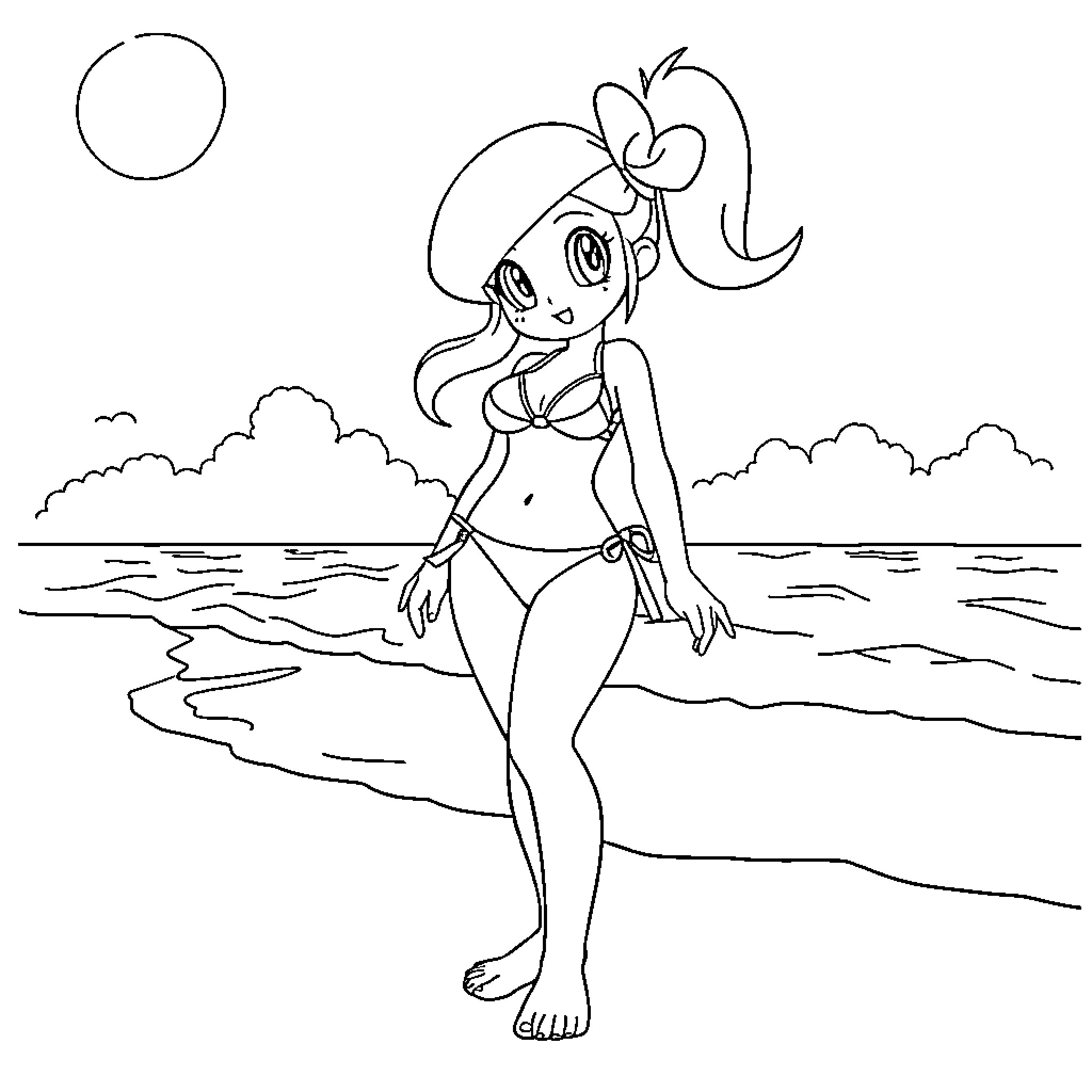 Emma Enjoys the Beach Coloring Page (free black-and-white line drawing printable PDF for all, from beginners to advanced learners, including children, teens, adults, and seniors)