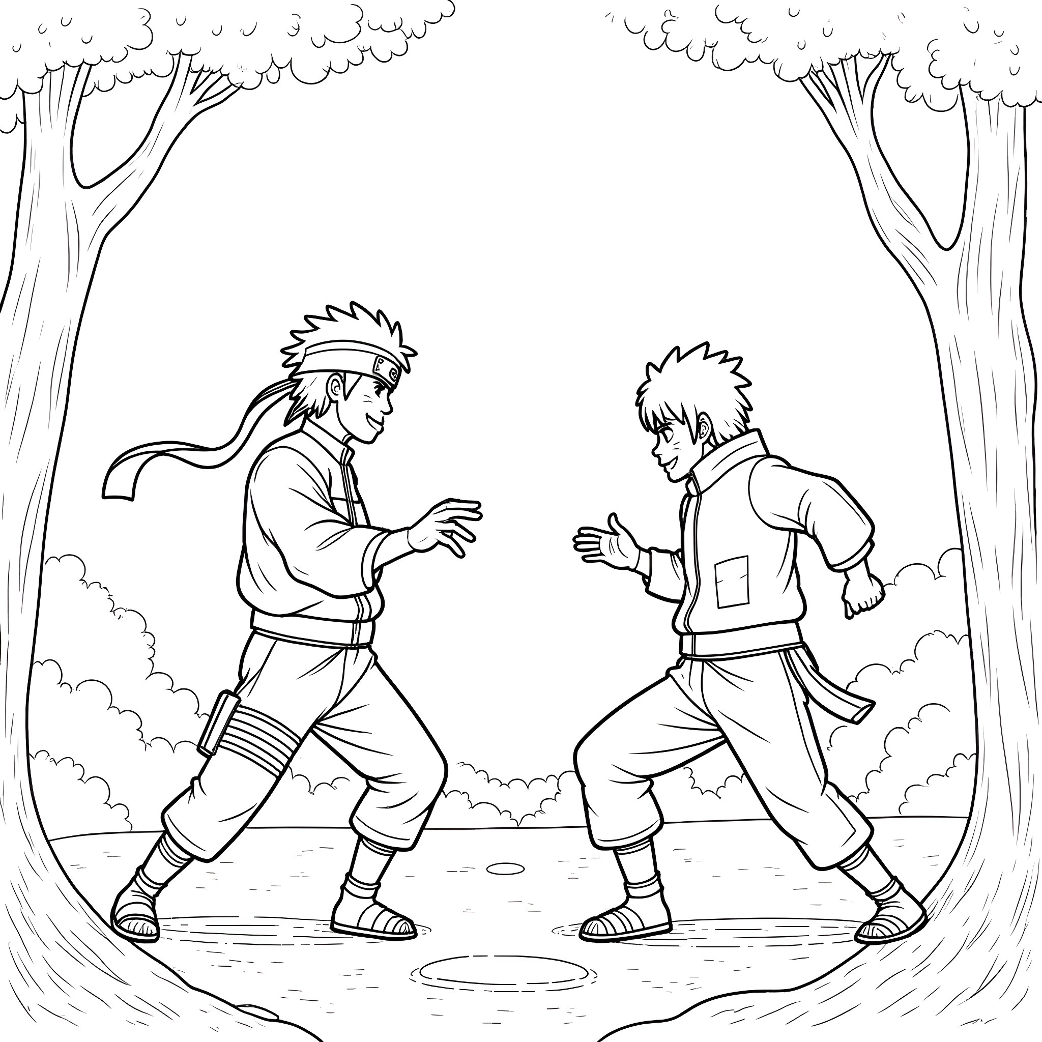 Naruto characters engaged in a martial arts battle Coloring Page (free black-and-white line drawing printable PDF for all, from beginners to advanced learners, including children, teens, adults, and seniors)