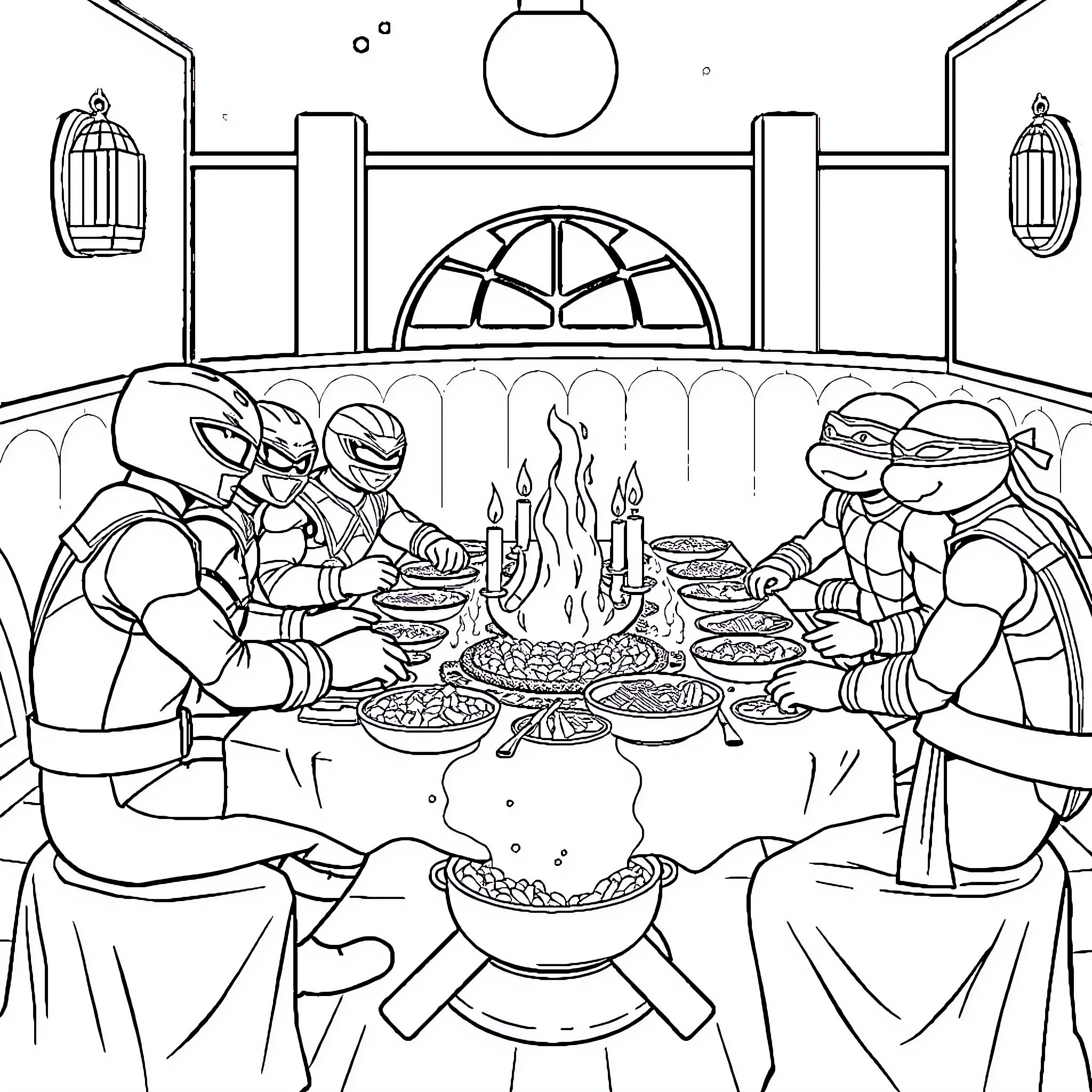 Power Rangers Enjoying a Festive Meal Together Coloring Page (free black-and-white line drawing printable PDF for all, from beginners to advanced learners, including children, teens, adults, and seniors)