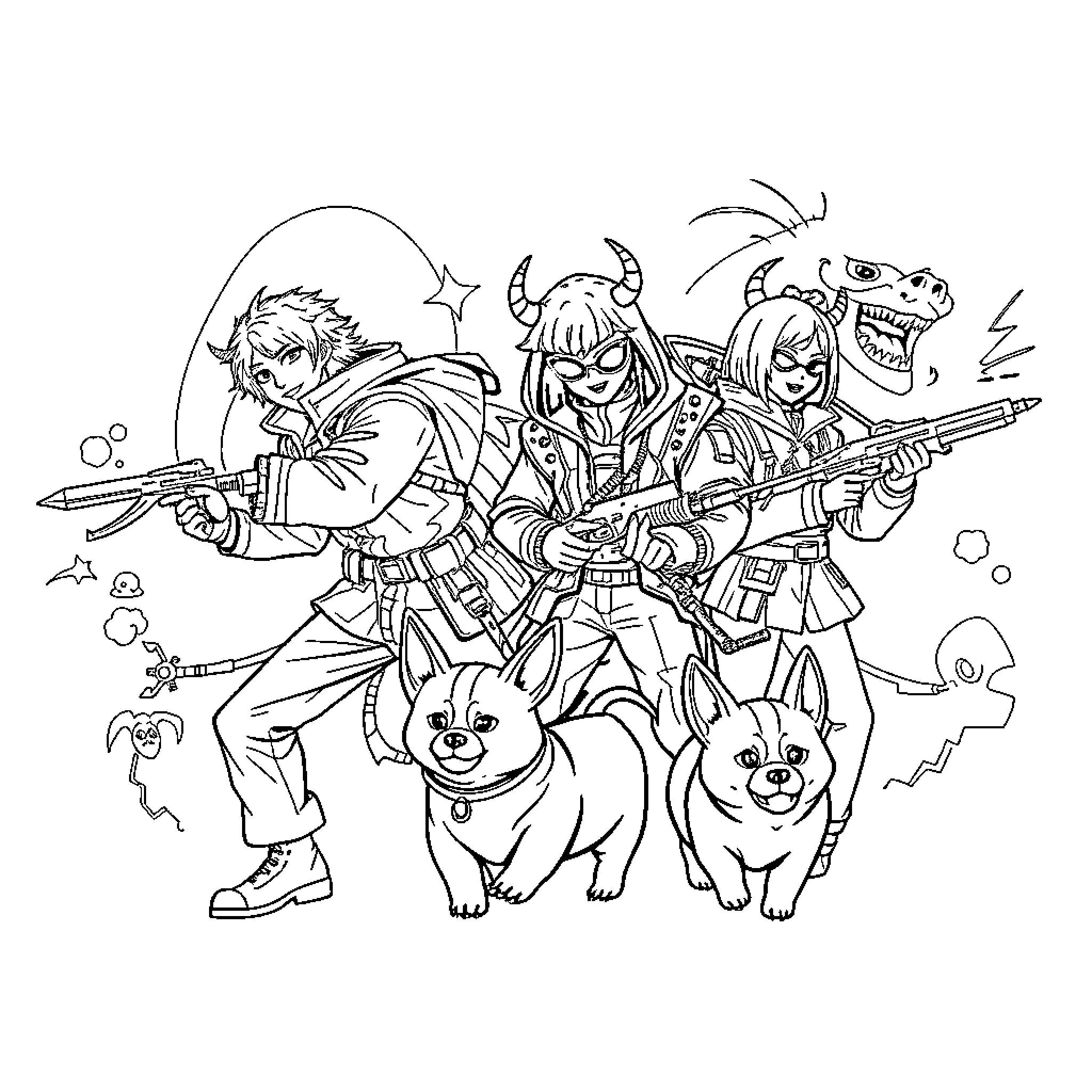 Demon Hunter Squad in Action Coloring Page (free black-and-white line drawing printable PDF for all, from beginners to advanced learners, including children, teens, adults, and seniors)
