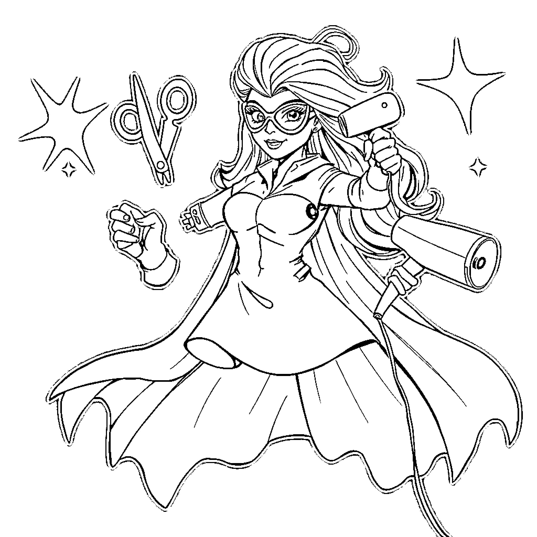 Cosmetologist Applying Glamorous Style with Tools Coloring Page (free black-and-white line drawing printable PDF for all, from beginners to advanced learners, including children, teens, adults, and seniors)