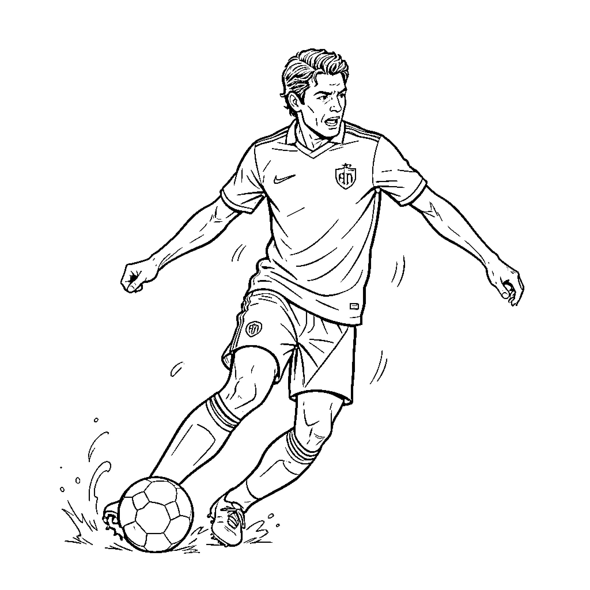Roberto Carlos dribbling a soccer ball during a match Coloring Page (free black-and-white line drawing printable PDF for all, from beginners to advanced learners, including children, teens, adults, and seniors)