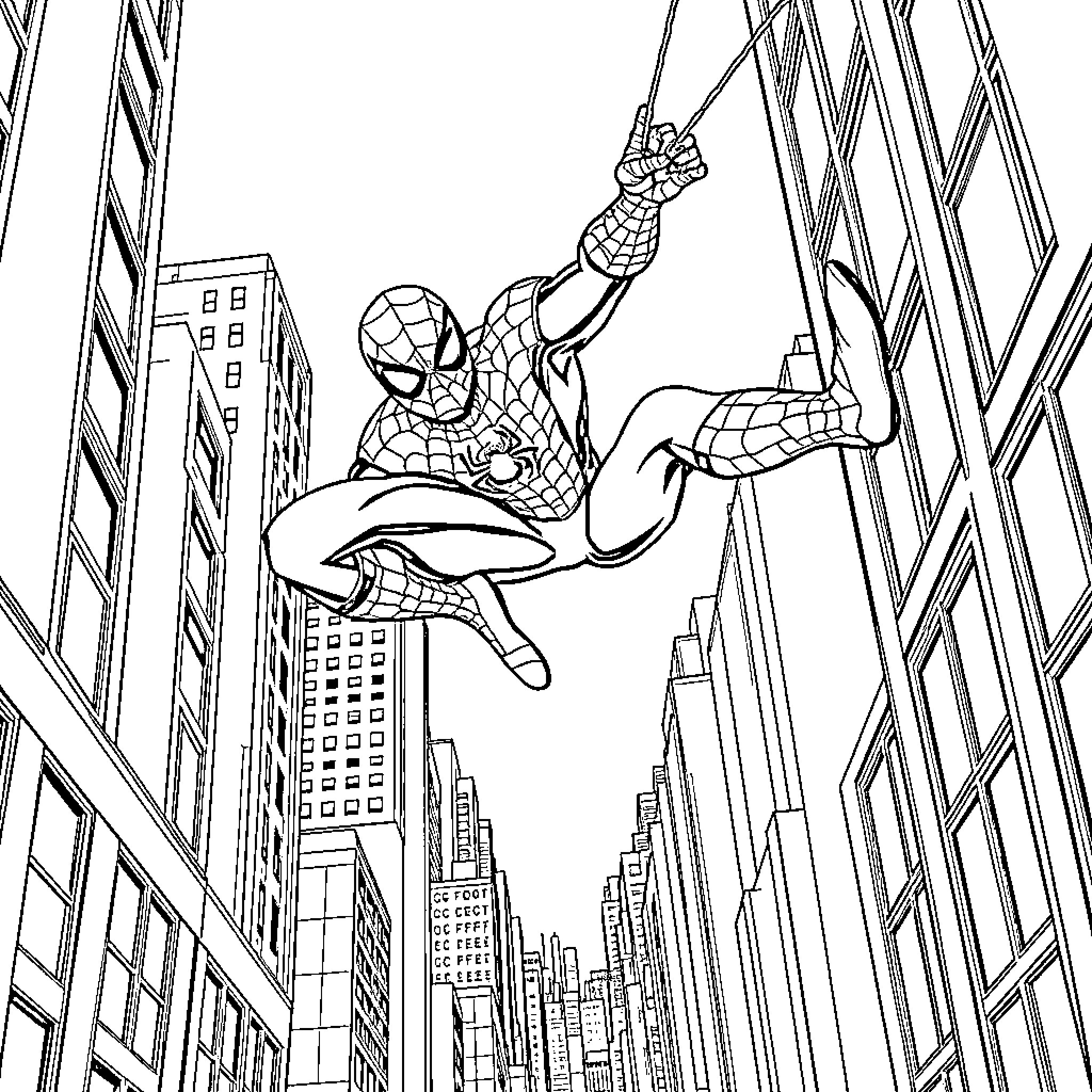 Spiderman swinging through the city skyline Coloring Page (free black-and-white line drawing printable PDF for all, from beginners to advanced learners, including children, teens, adults, and seniors)