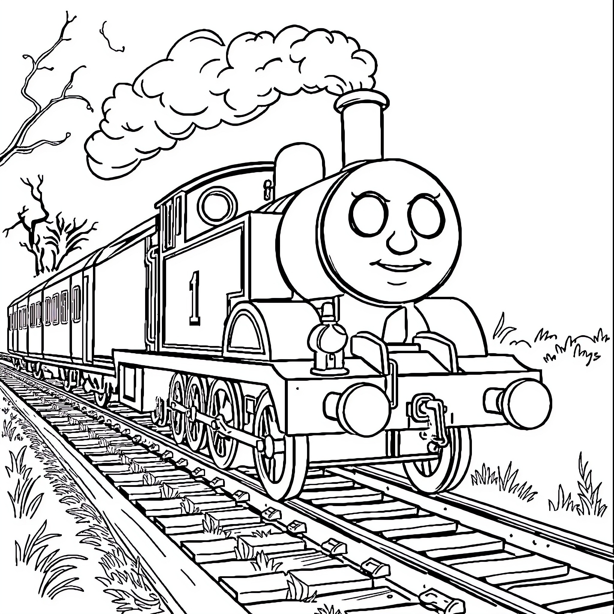 Thomas the Tank Engine on the Railway Coloring Page (free black-and-white line drawing printable PDF for all, from beginners to advanced learners, including children, teens, adults, and seniors)