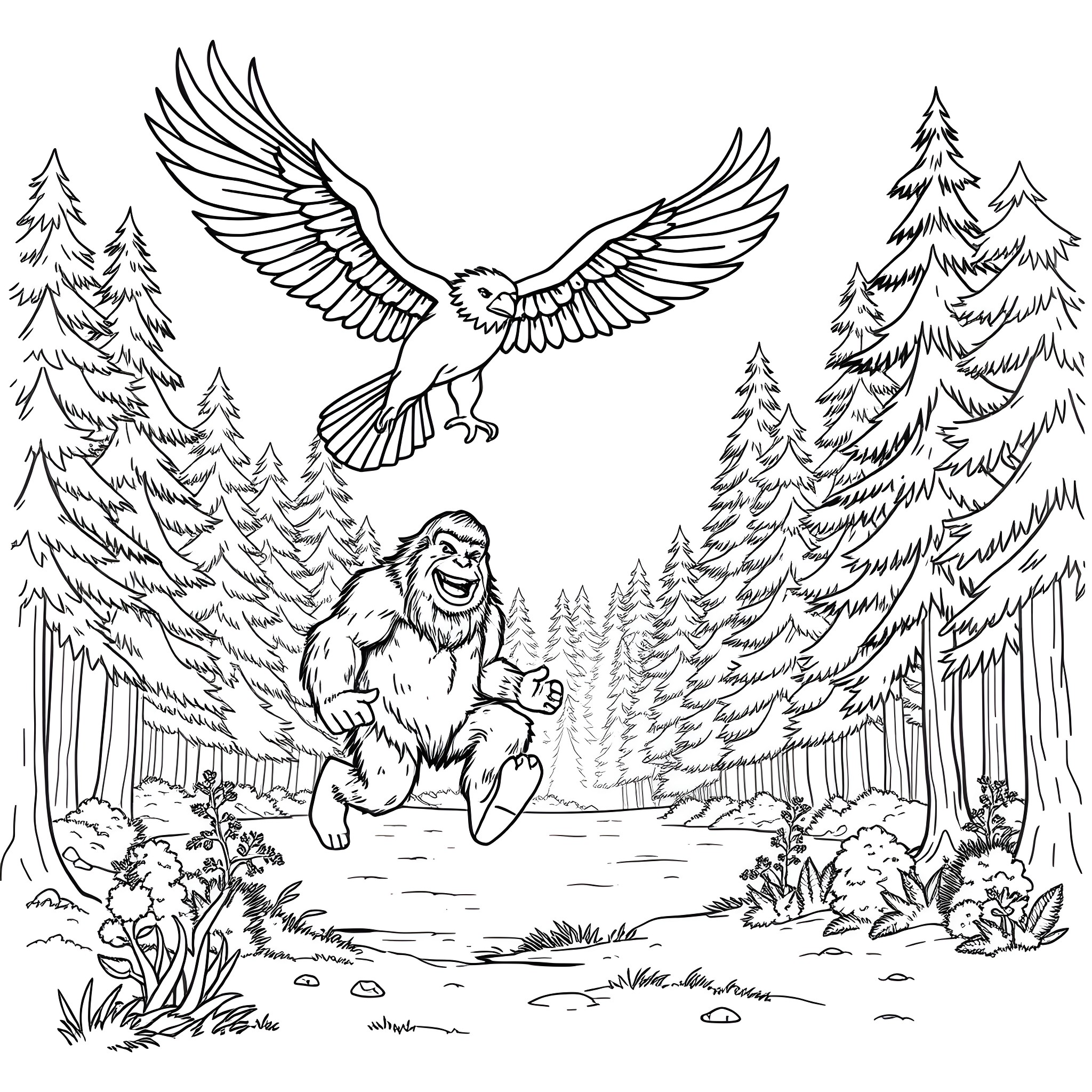 Griffin soaring over forest with mighty creature Coloring Page (free black-and-white line drawing printable PDF for all, from beginners to advanced learners, including children, teens, adults, and seniors)