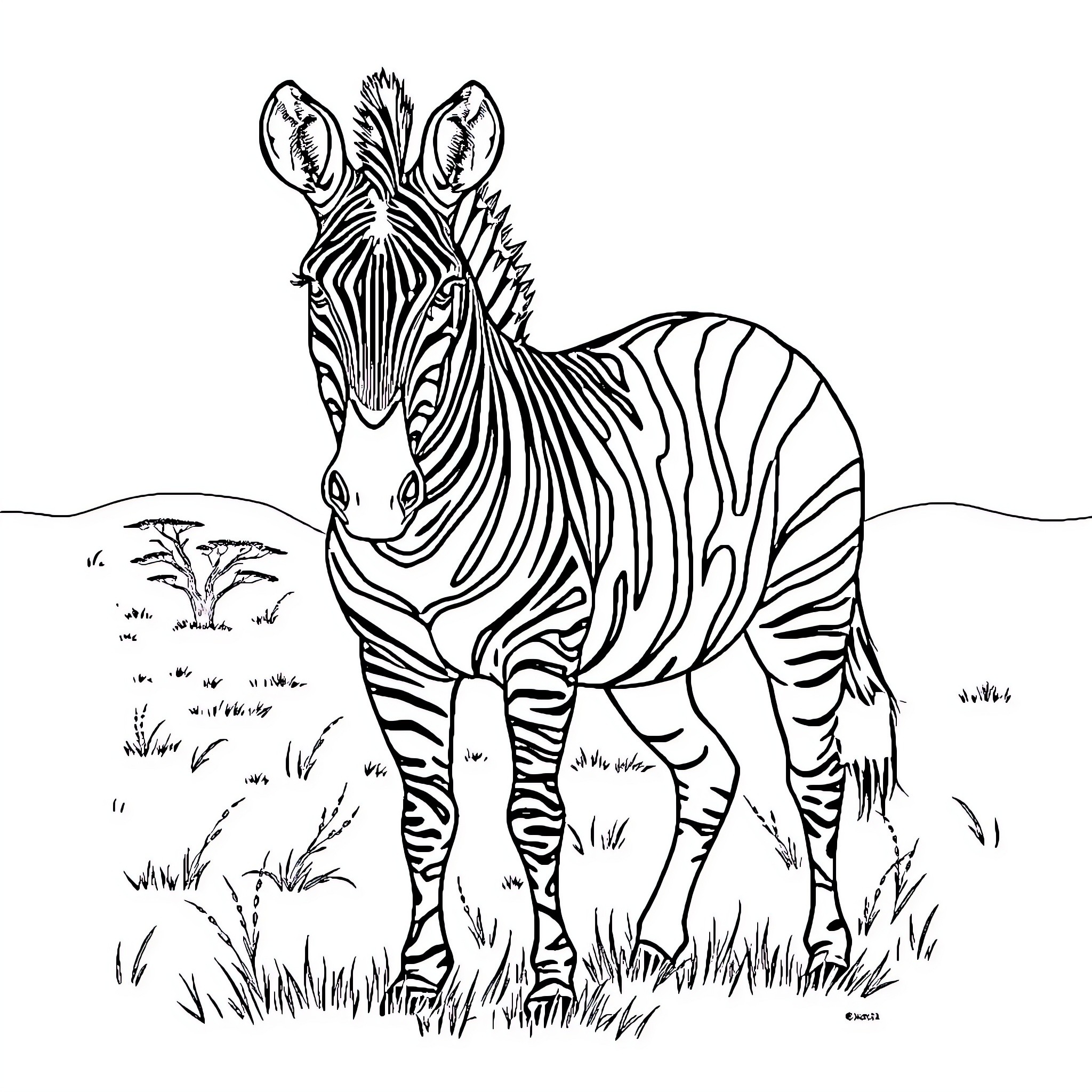 Zebra standing in the African grasslands Coloring Page (free black-and-white line drawing printable PDF for all, from beginners to advanced learners, including children, teens, adults, and seniors)