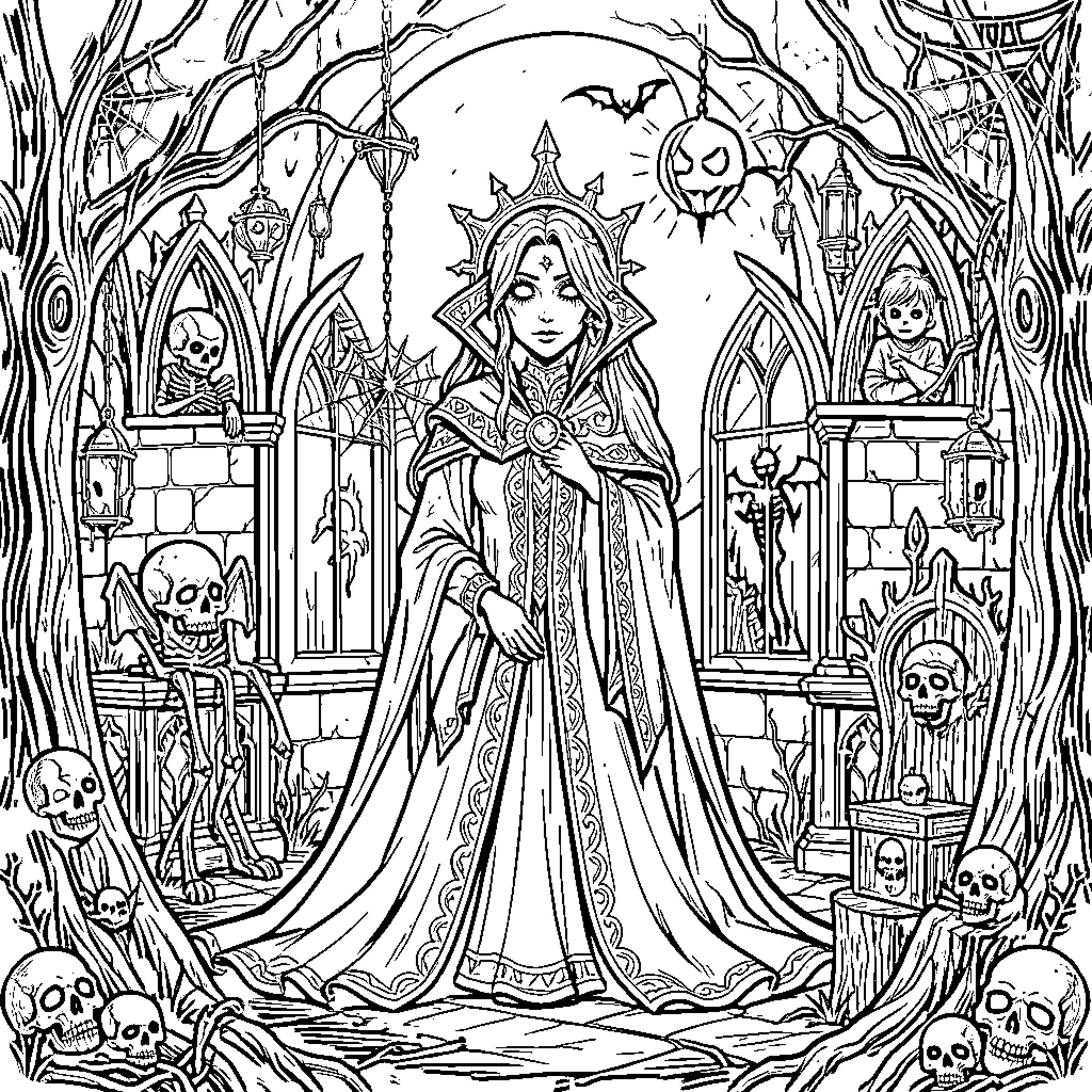 Gothic Queen's Eerie Procession Through Haunted Landscape Coloring Page (free black-and-white line drawing printable PDF for all, from beginners to advanced learners, including children, teens, adults, and seniors)