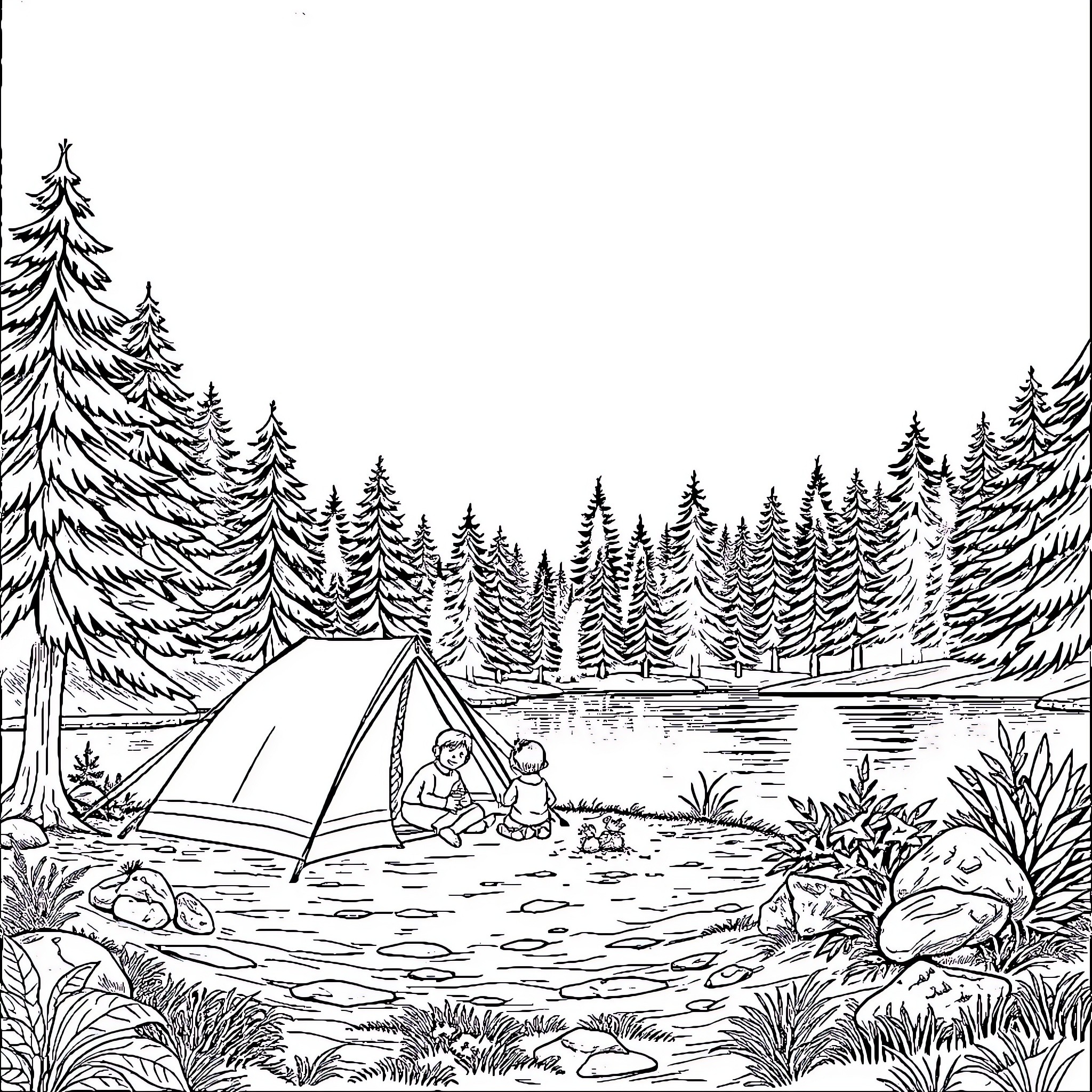 Family Camping Adventure in the Serene Forest Coloring Page (free black-and-white line drawing printable PDF for all, from beginners to advanced learners, including children, teens, adults, and seniors)