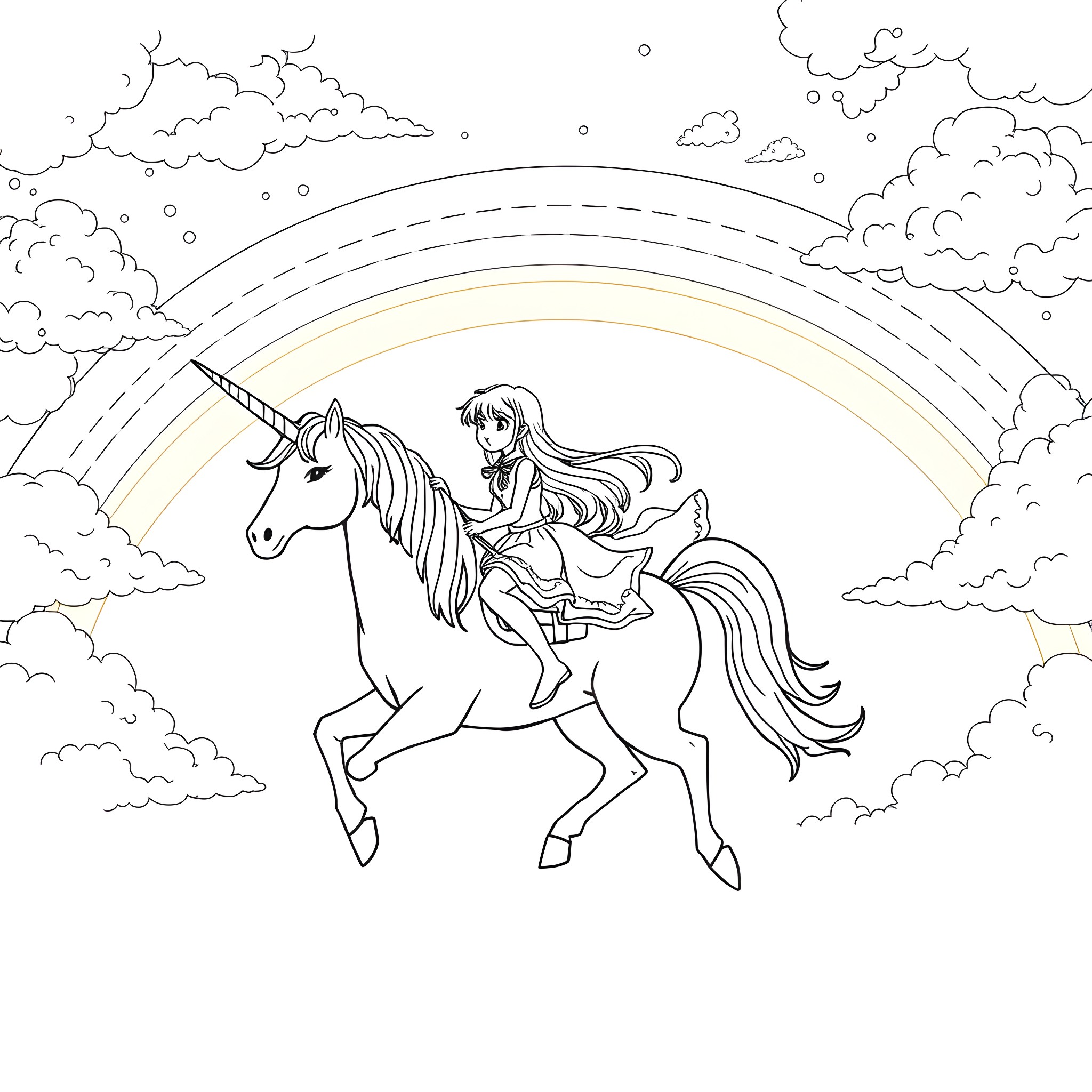 Unicorn and girl riding against cloudy sky Coloring Page (free black-and-white line drawing printable PDF for all, from beginners to advanced learners, including children, teens, adults, and seniors)