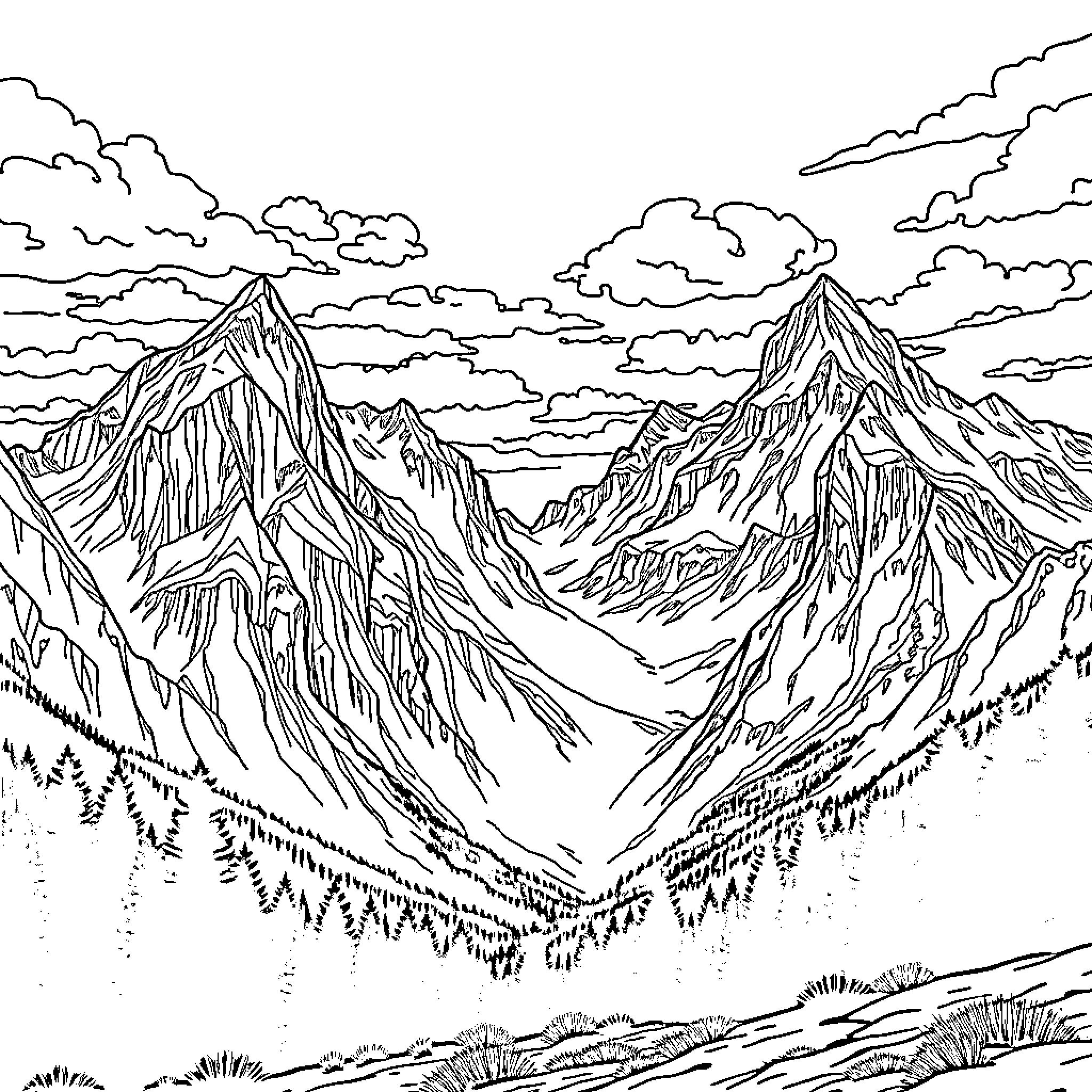 Rocky Mountains majestic peaks and valleys Coloring Page (free black-and-white line drawing printable PDF for all, from beginners to advanced learners, including children, teens, adults, and seniors)