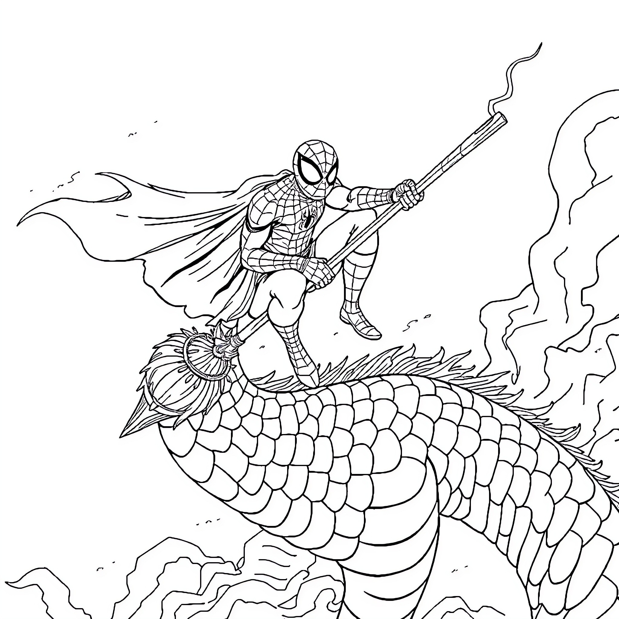 Spiderman battles a mighty dragon Coloring Page (free black-and-white line drawing printable PDF for all, from beginners to advanced learners, including children, teens, adults, and seniors)