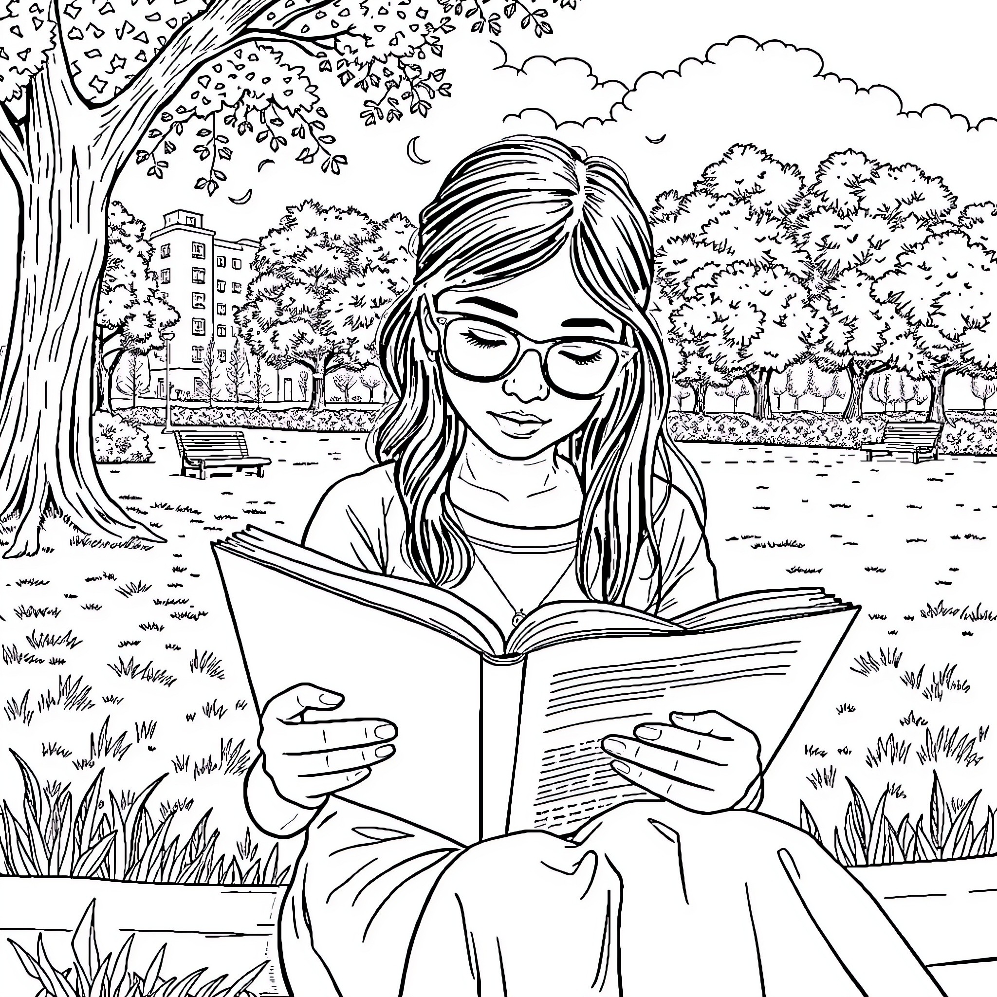 Girl reading a book in the park Coloring Page (free black-and-white line drawing printable PDF for all, from beginners to advanced learners, including children, teens, adults, and seniors)
