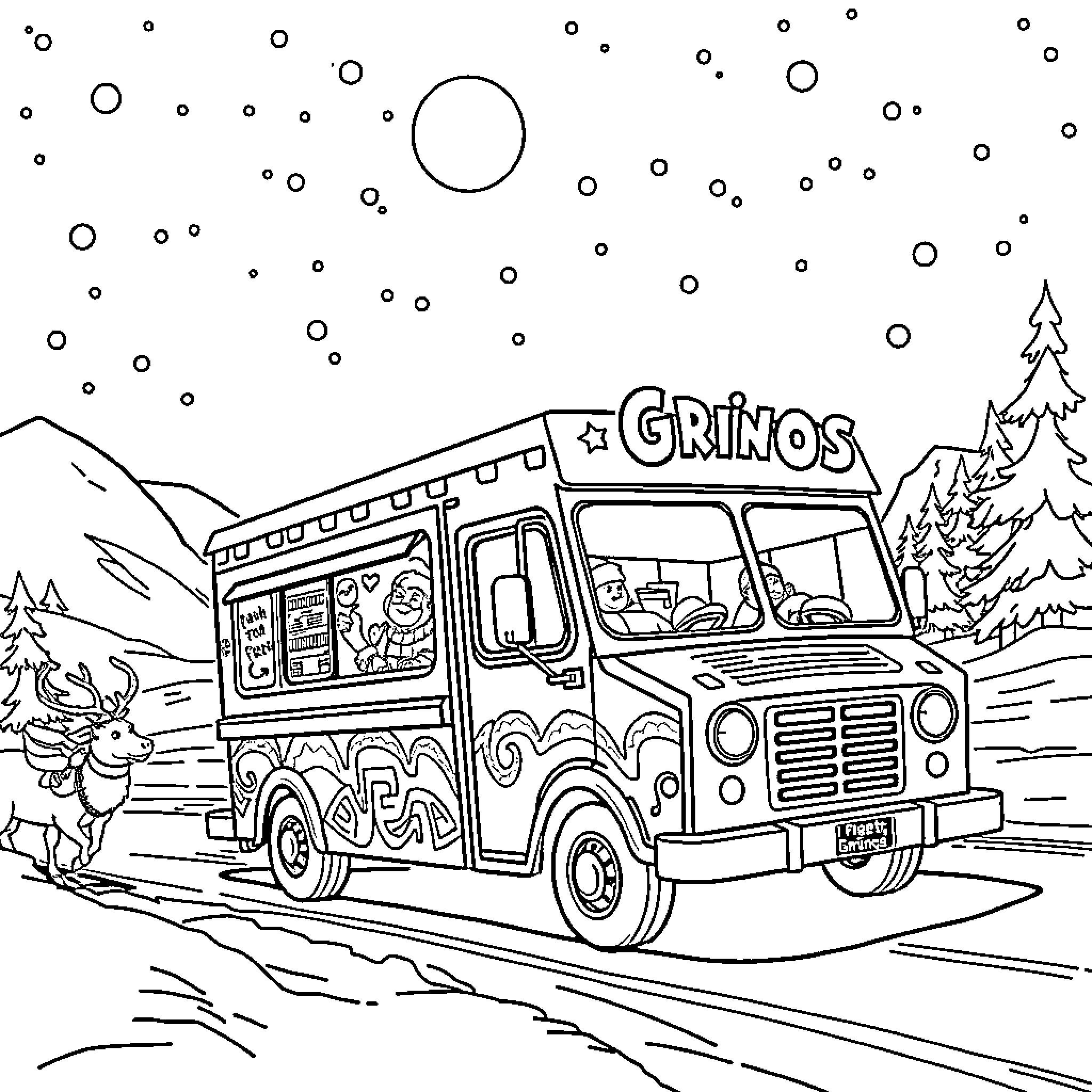 Food Truck serving food on a snowy mountain road Coloring Page (free black-and-white line drawing printable PDF for all, from beginners to advanced learners, including children, teens, adults, and seniors)