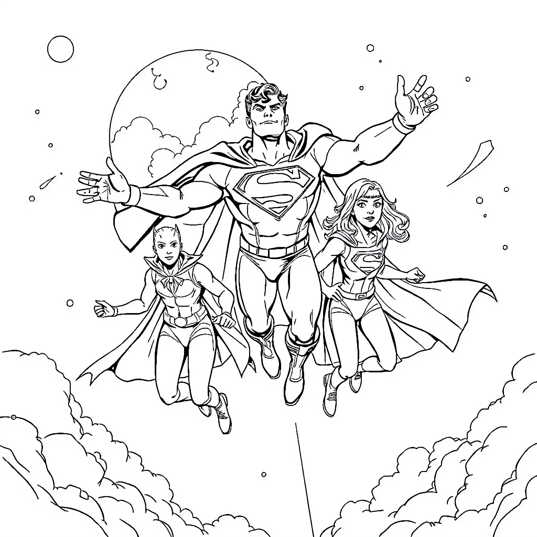 Ghostbuster heroes flying through the sky Coloring Page (free black-and-white line drawing printable PDF for all, from beginners to advanced learners, including children, teens, adults, and seniors)