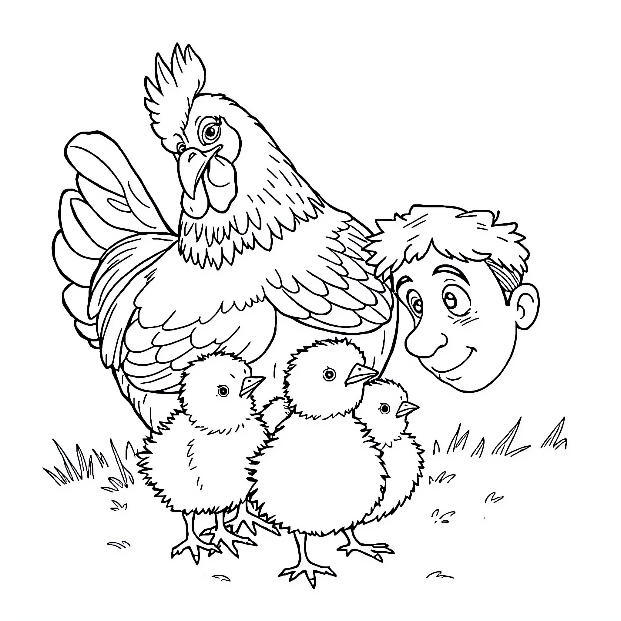 Hen and her chicks with young boy Coloring Page (free black-and-white line drawing printable PDF for all, from beginners to advanced learners, including children, teens, adults, and seniors)