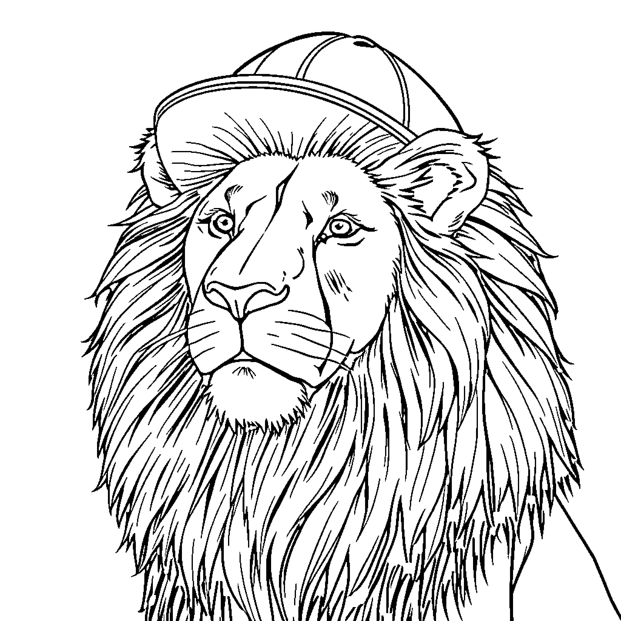 Lion wearing baseball cap Coloring Page (free black-and-white line drawing printable PDF for all, from beginners to advanced learners, including children, teens, adults, and seniors)