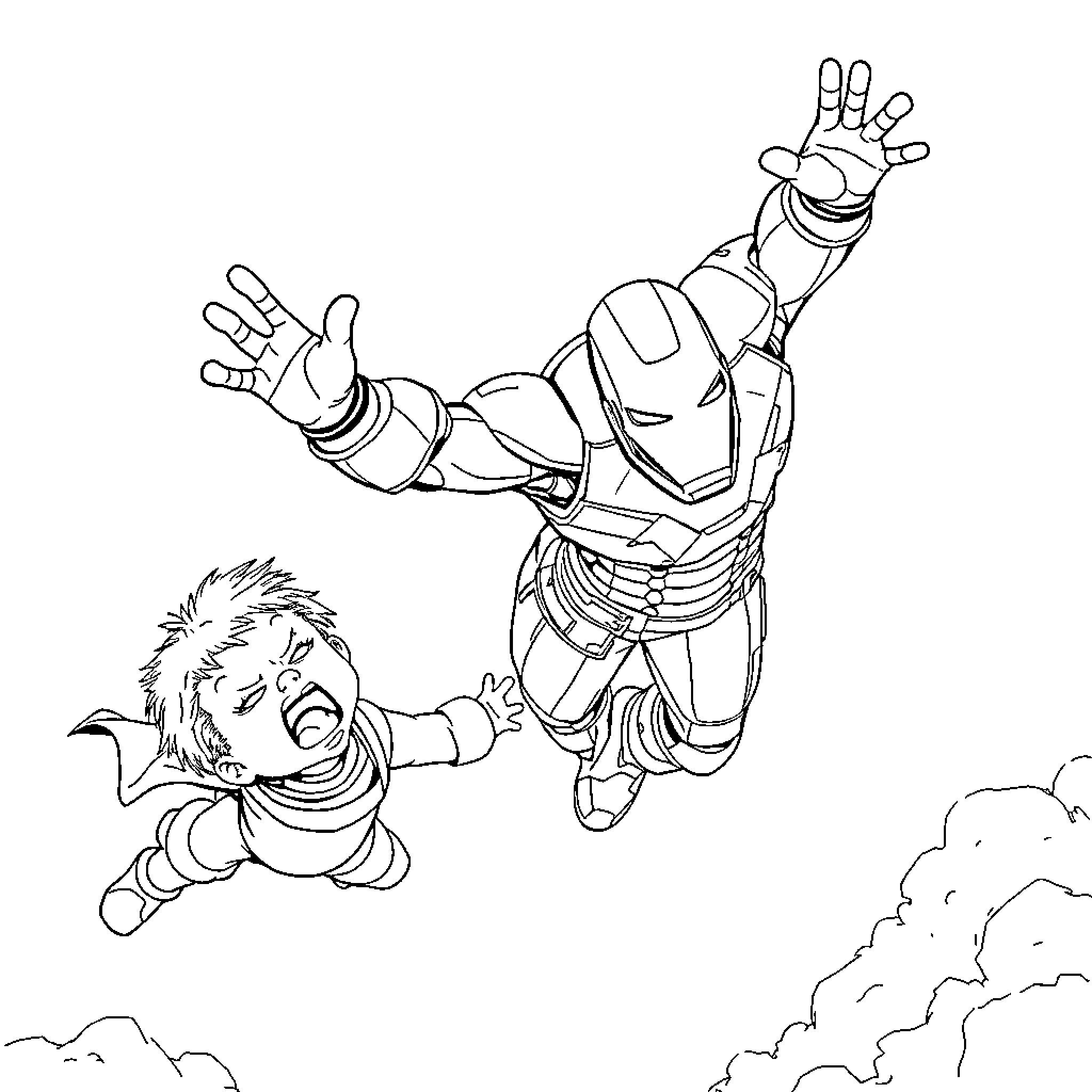 Ironman heroically soaring through the sky Coloring Page (free black-and-white line drawing printable PDF for all, from beginners to advanced learners, including children, teens, adults, and seniors)