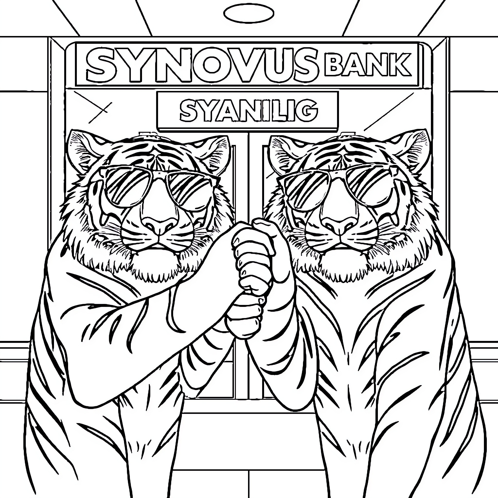 Tigers guarding the Synovus Bank Coloring Page (free black-and-white line drawing printable PDF for all, from beginners to advanced learners, including children, teens, adults, and seniors)