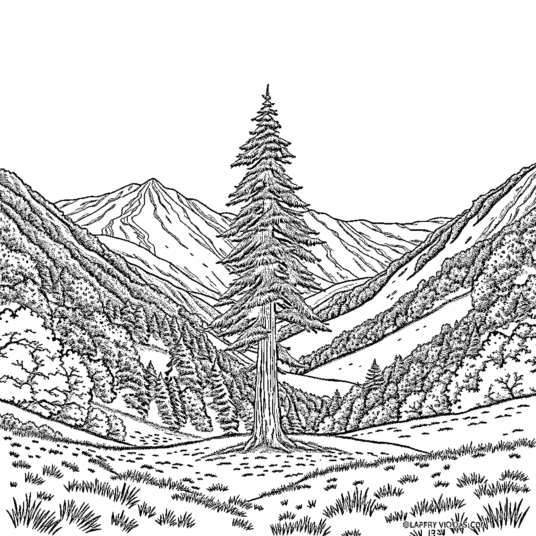 Tree standing tall in snowy mountain landscape Coloring Page (free black-and-white line drawing printable PDF for all, from beginners to advanced learners, including children, teens, adults, and seniors)