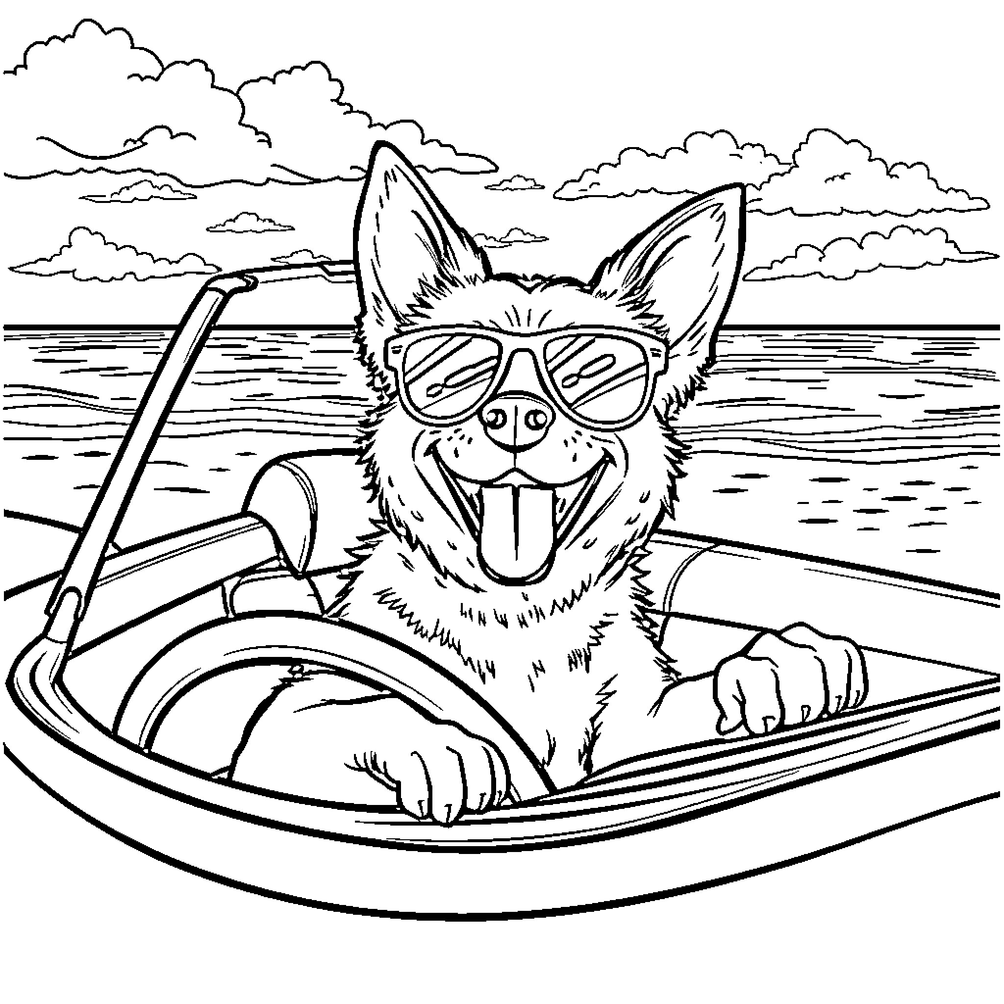Dog enjoying a boat ride on the lake Coloring Page (free black-and-white line drawing printable PDF for all, from beginners to advanced learners, including children, teens, adults, and seniors)