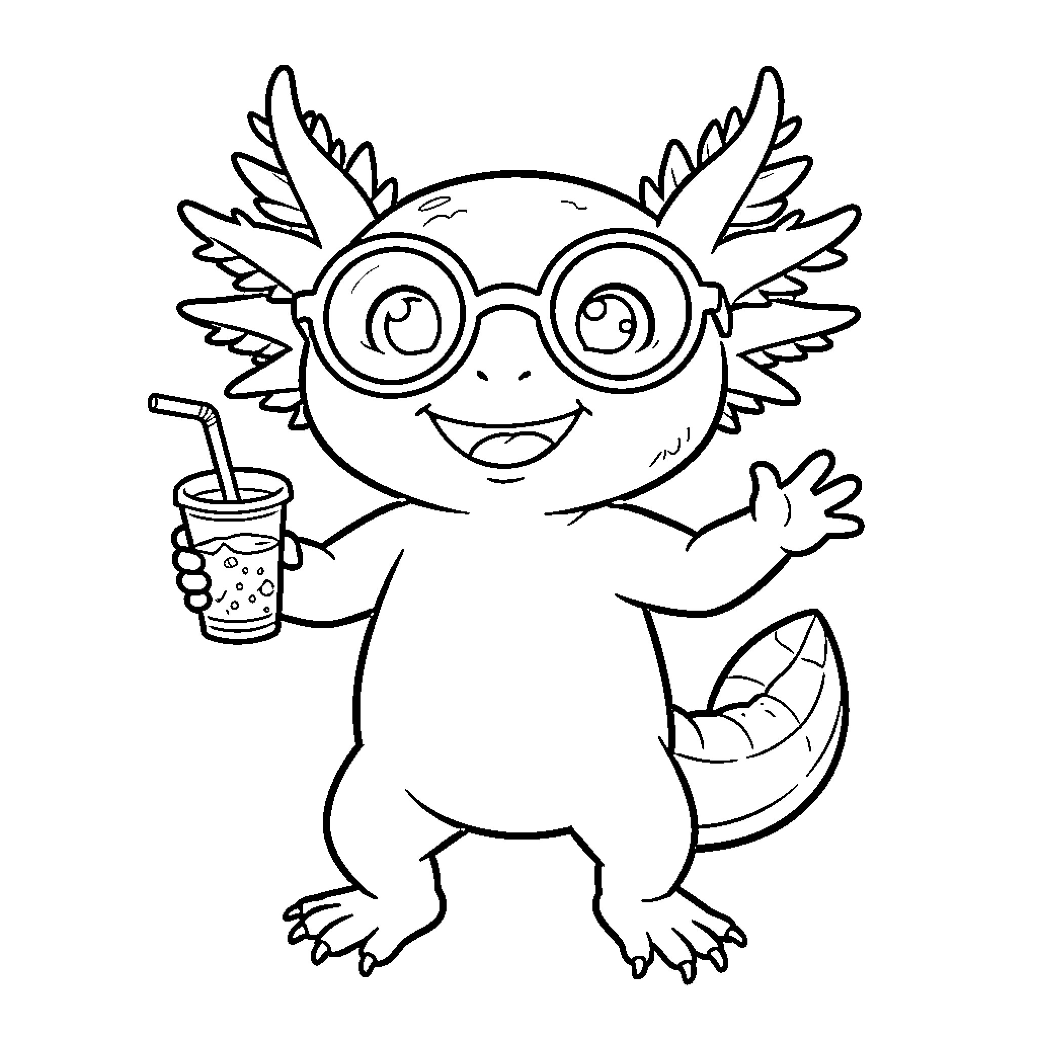Axolotl wearing glasses and holding a drink Coloring Page (free black-and-white line drawing printable PDF for all, from beginners to advanced learners, including children, teens, adults, and seniors)