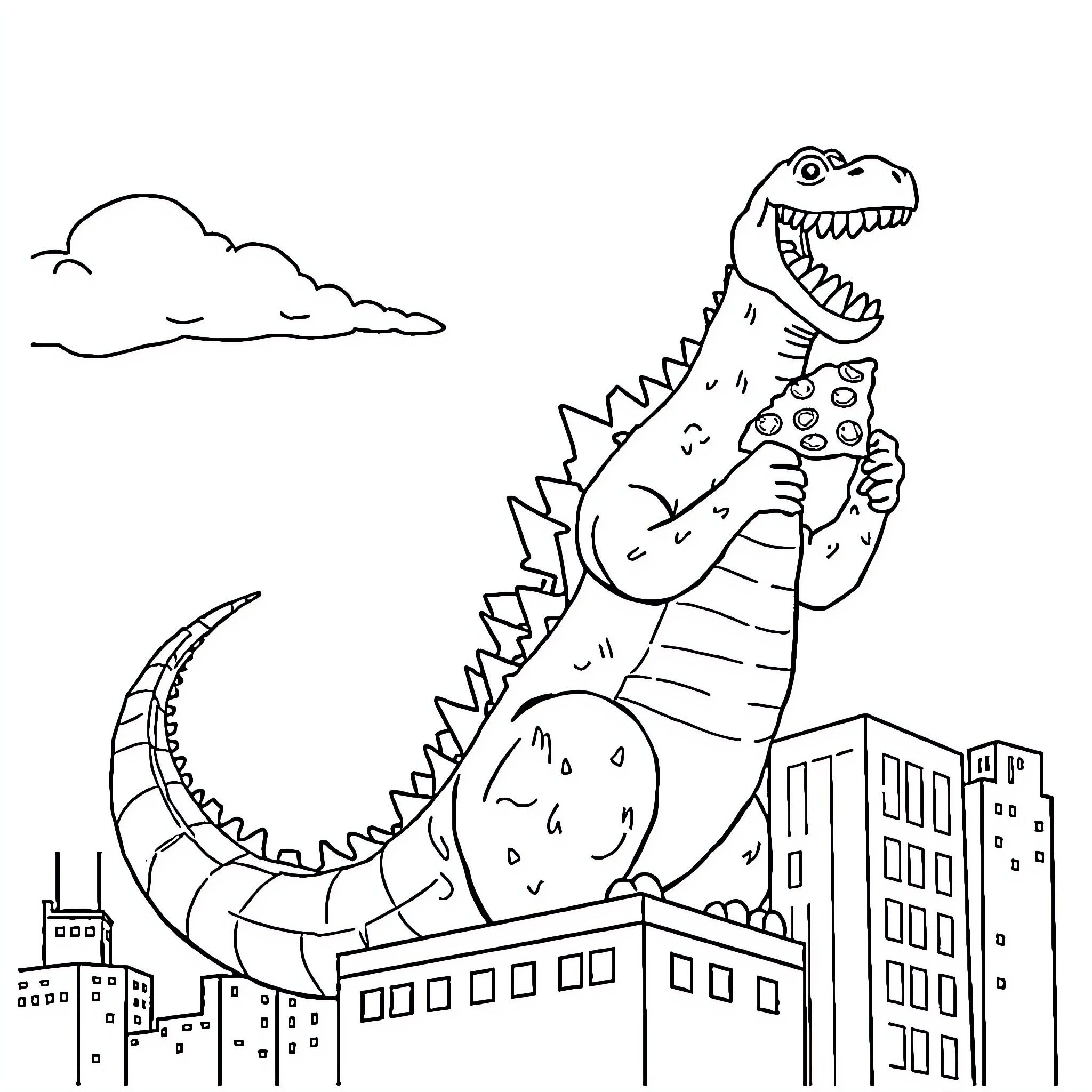 Godzilla rampaging through the city Coloring Page (free black-and-white line drawing printable PDF for all, from beginners to advanced learners, including children, teens, adults, and seniors)