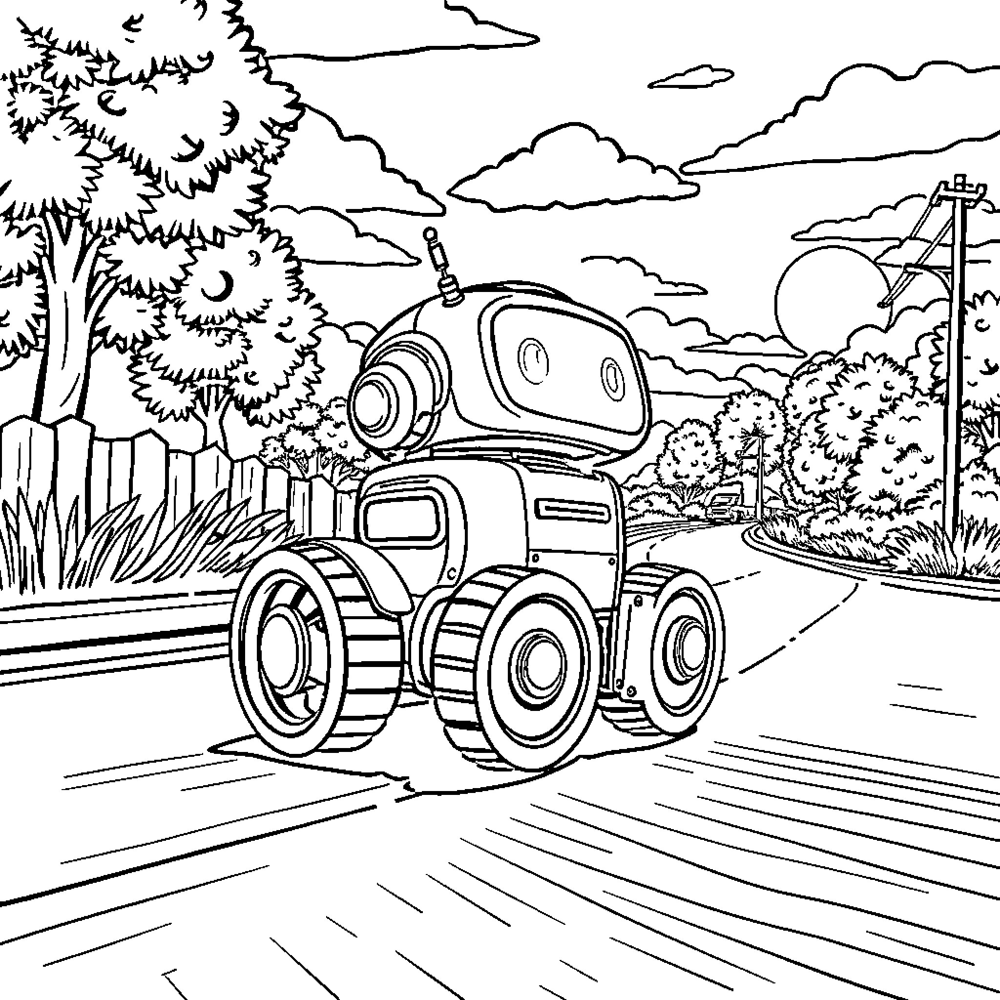 Robot driving through scenic countryside landscape Coloring Page (free black-and-white line drawing printable PDF for all, from beginners to advanced learners, including children, teens, adults, and seniors)