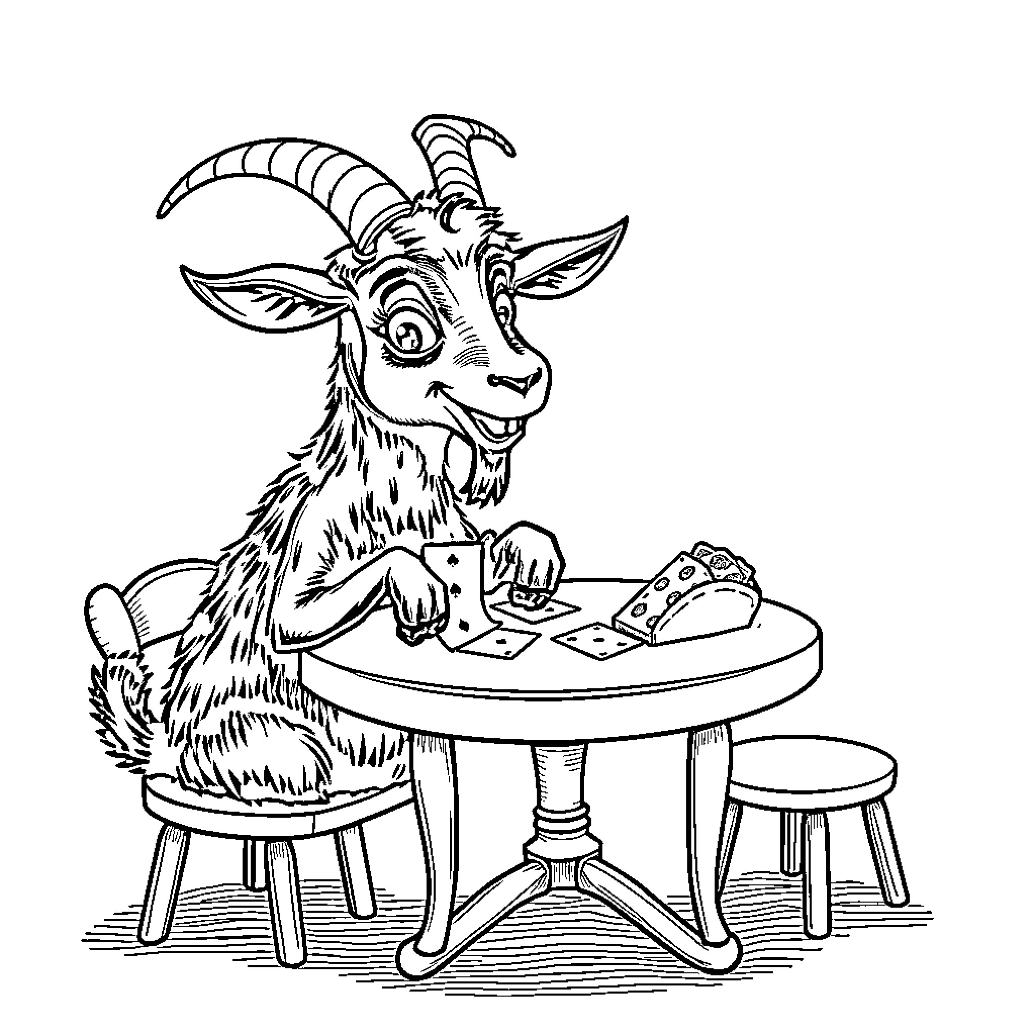 Goat enjoying a game of cards Coloring Page (free black-and-white line drawing printable PDF for all, from beginners to advanced learners, including children, teens, adults, and seniors)
