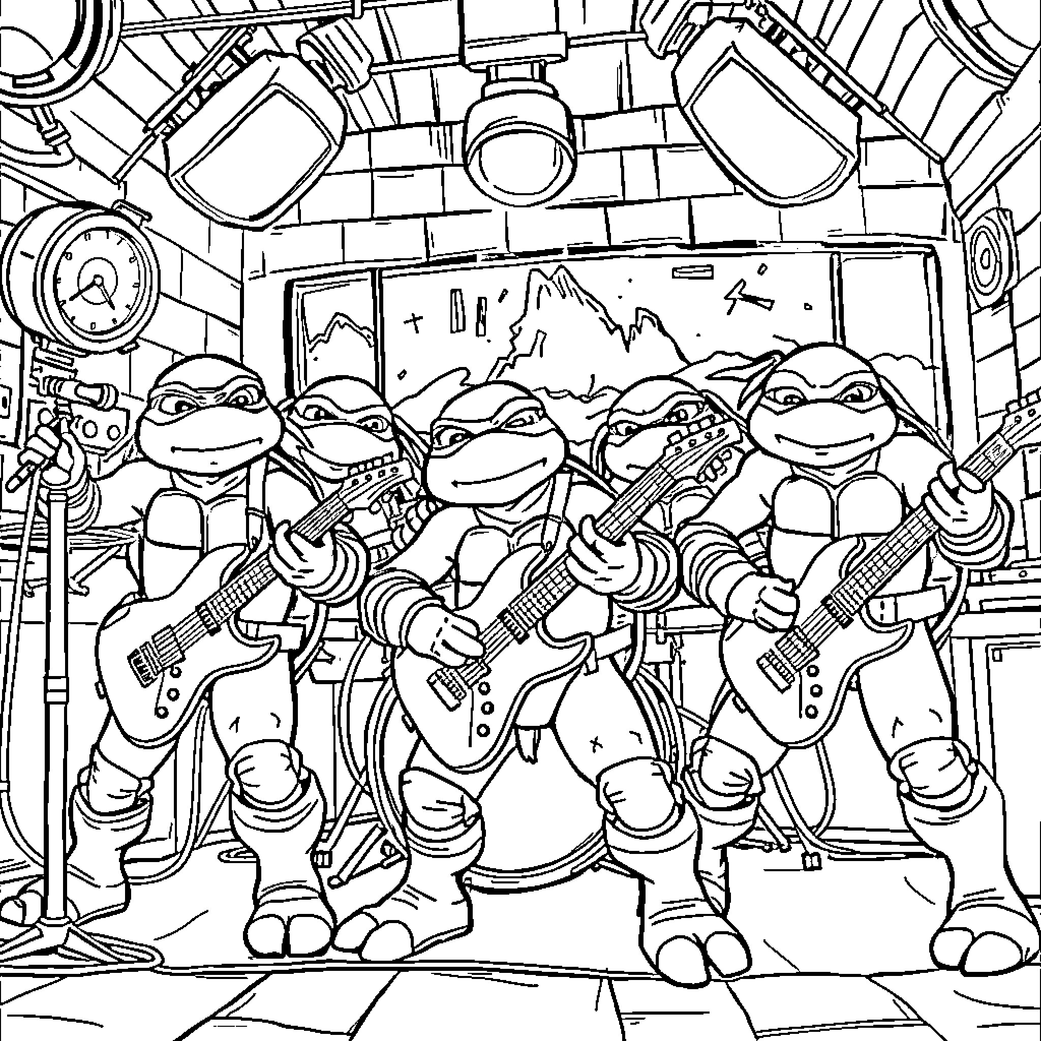 Teenage Mutant Ninja Turtles rock band performing on stage Coloring Page (free black-and-white line drawing printable PDF for all, from beginners to advanced learners, including children, teens, adults, and seniors)