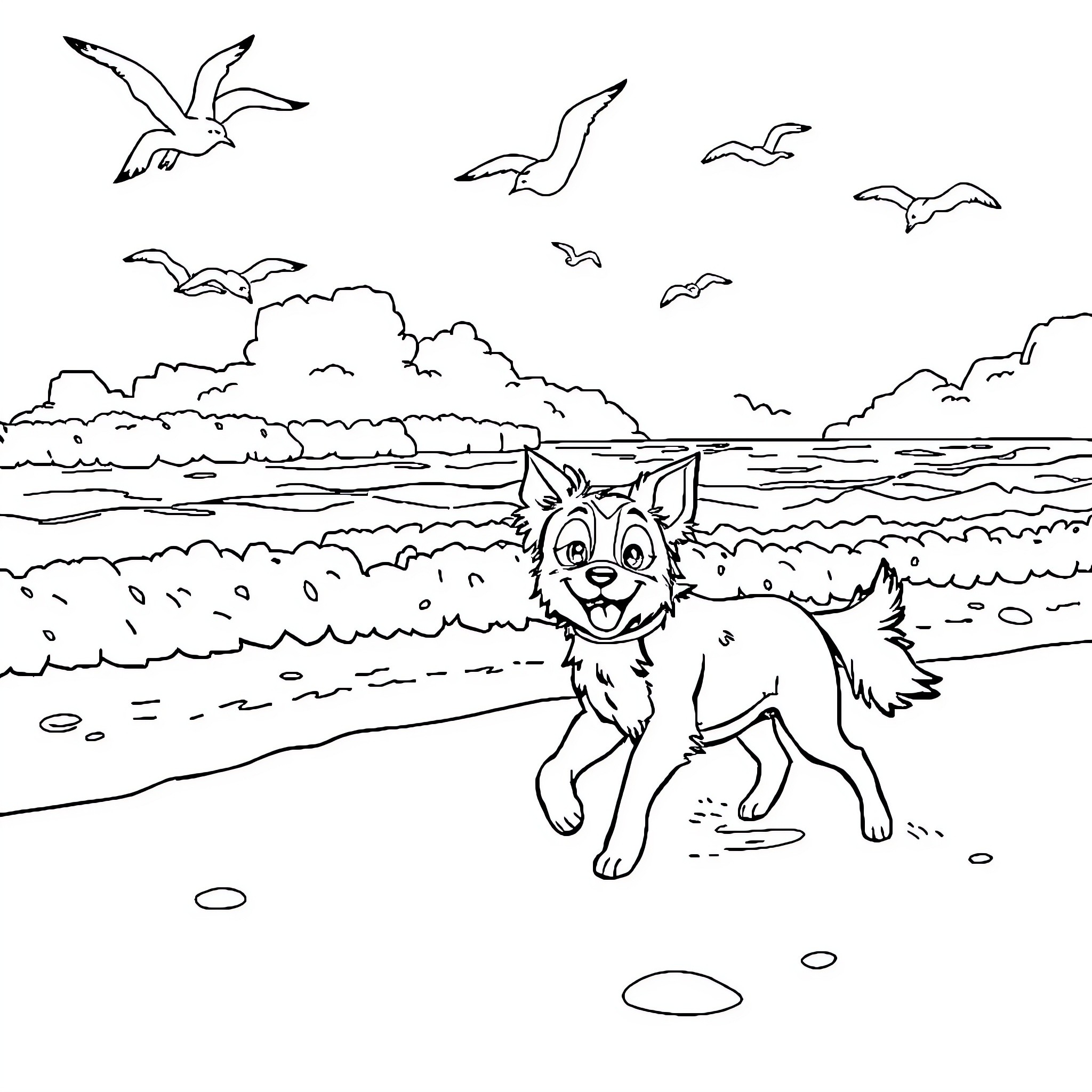 Tchoupi enjoying a day at the beach Coloring Page (free black-and-white line drawing printable PDF for all, from beginners to advanced learners, including children, teens, adults, and seniors)