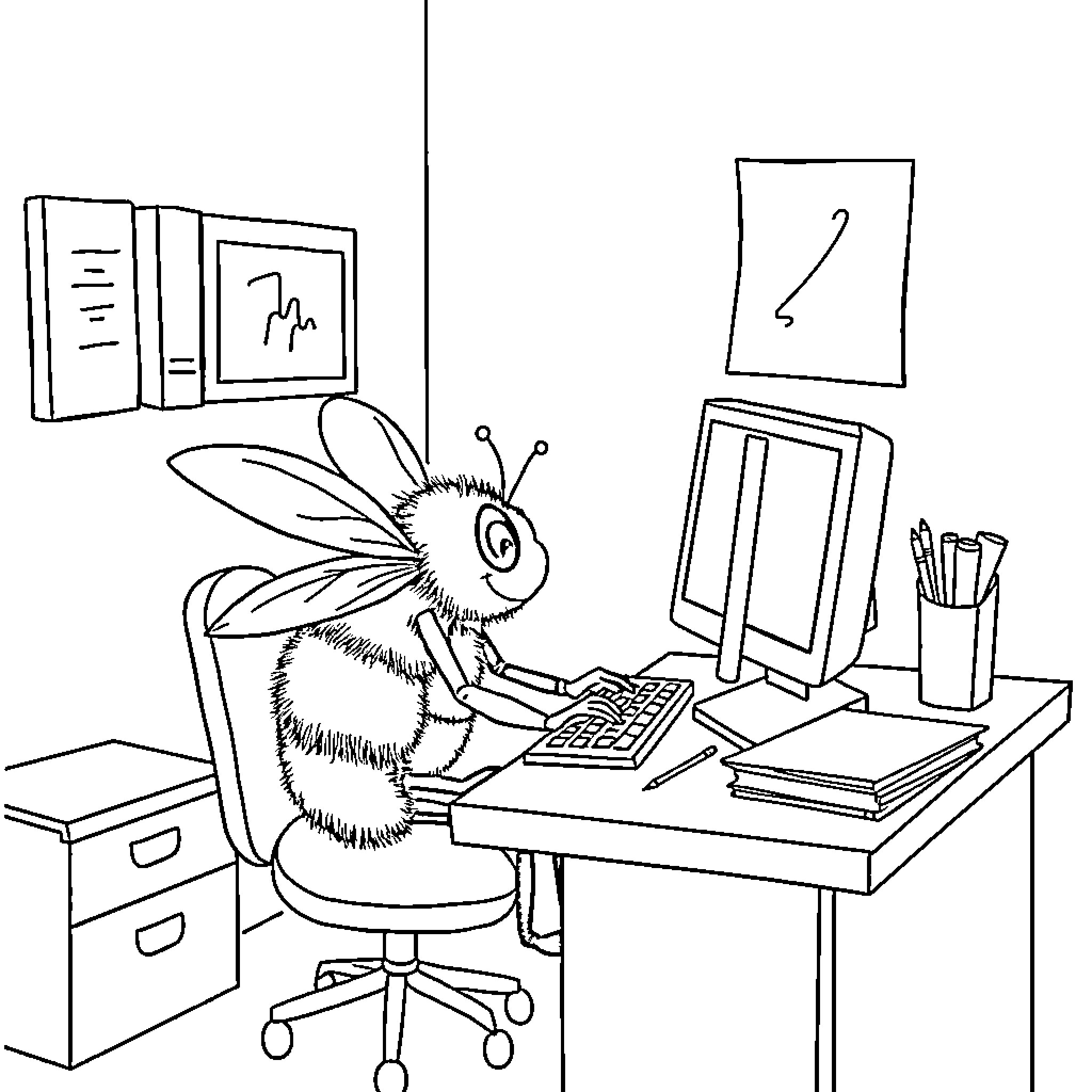 Bumblebee working diligently at a computer desk Coloring Page (free black-and-white line drawing printable PDF for all, from beginners to advanced learners, including children, teens, adults, and seniors)