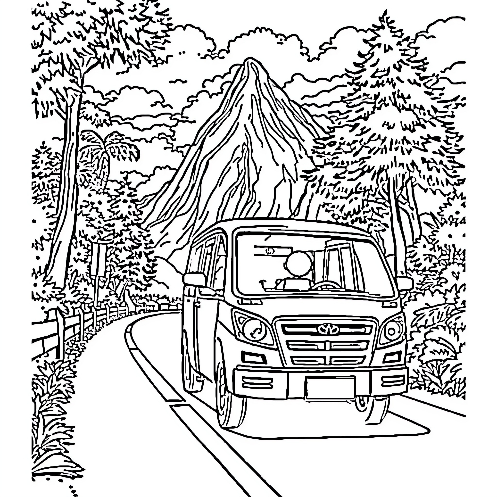 Car driving through scenic mountain landscape Coloring Page (free black-and-white line drawing printable PDF for all, from beginners to advanced learners, including children, teens, adults, and seniors)