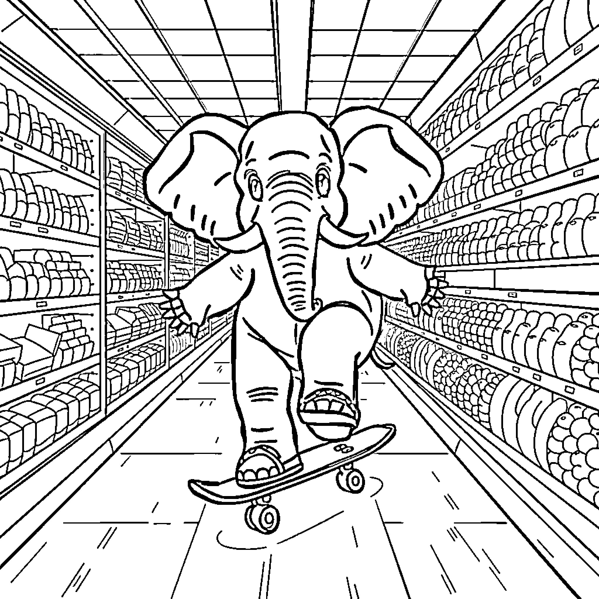 Elephant skating through a grocery store aisle Coloring Page (free black-and-white line drawing printable PDF for all, from beginners to advanced learners, including children, teens, adults, and seniors)