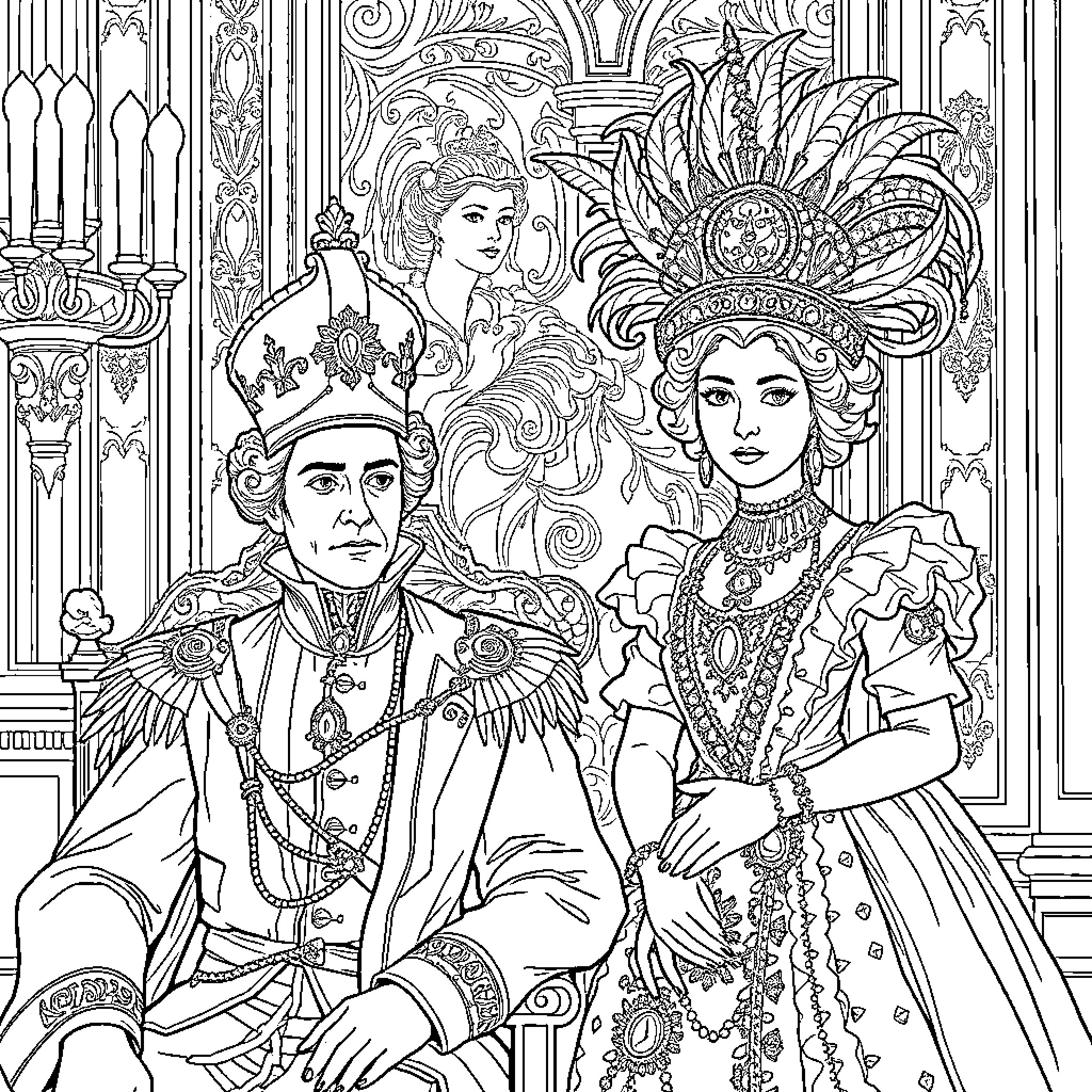 King and Queen in Ornate Regal Attire Coloring Page (free black-and-white line drawing printable PDF for all, from beginners to advanced learners, including children, teens, adults, and seniors)