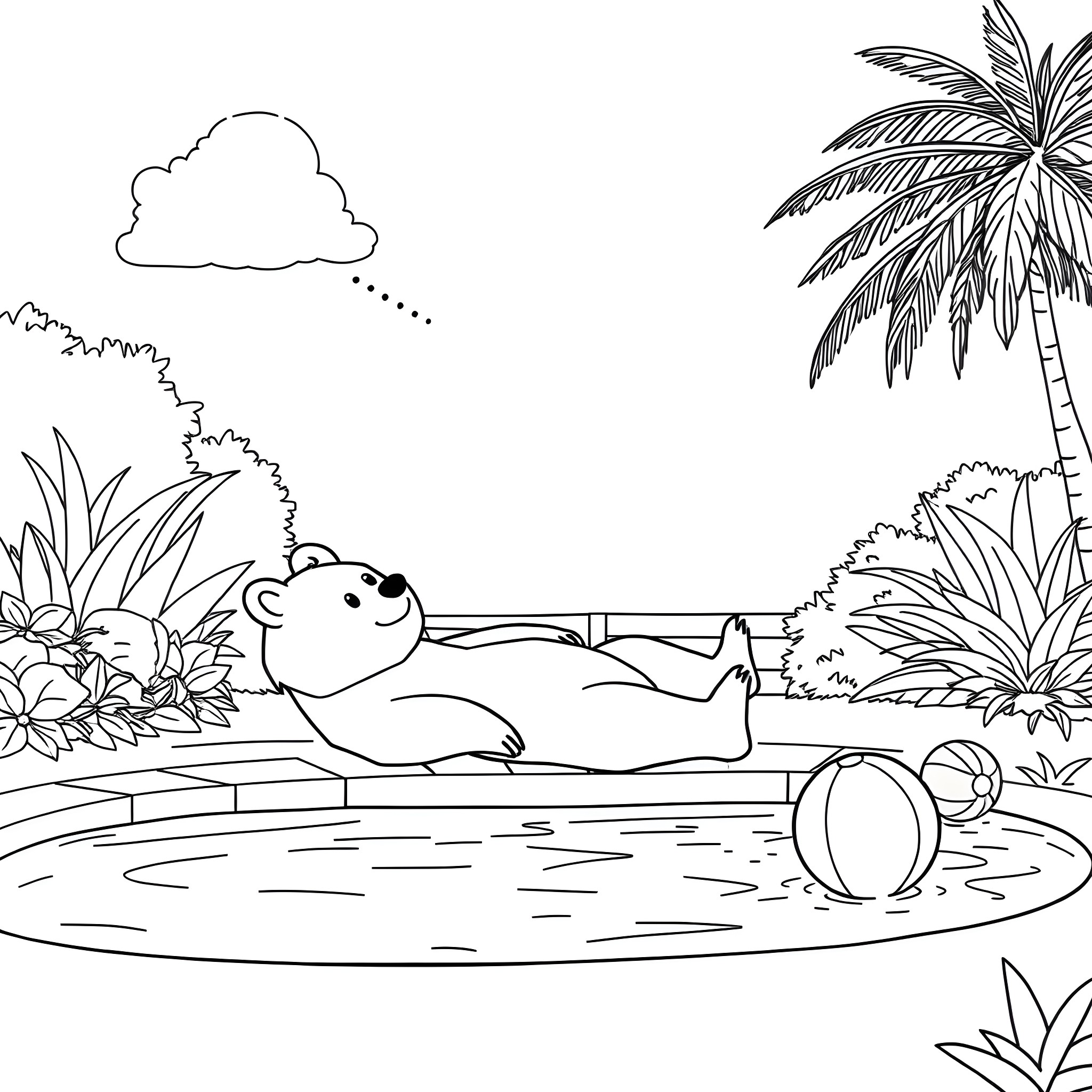 Bear relaxing in the tropical paradise Coloring Page (free black-and-white line drawing printable PDF for all, from beginners to advanced learners, including children, teens, adults, and seniors)