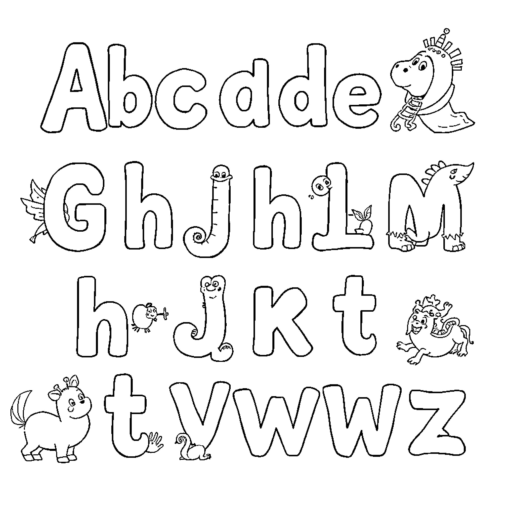 Alphabet with Playful Animal Illustrations Coloring Page (free black-and-white line drawing printable PDF for all, from beginners to advanced learners, including children, teens, adults, and seniors)