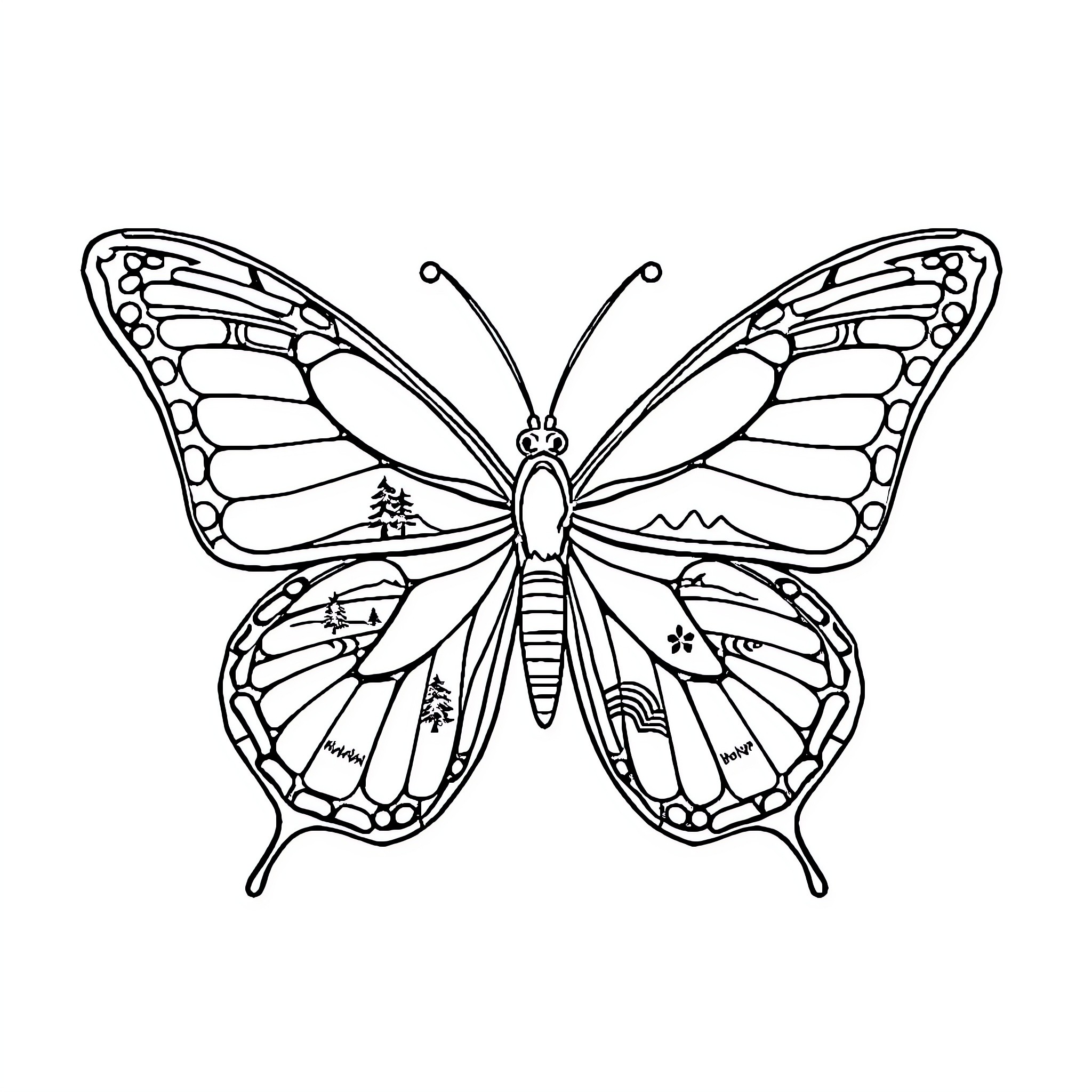 Butterfly with intricate wing pattern Coloring Page (free black-and-white line drawing printable PDF for all, from beginners to advanced learners, including children, teens, adults, and seniors)